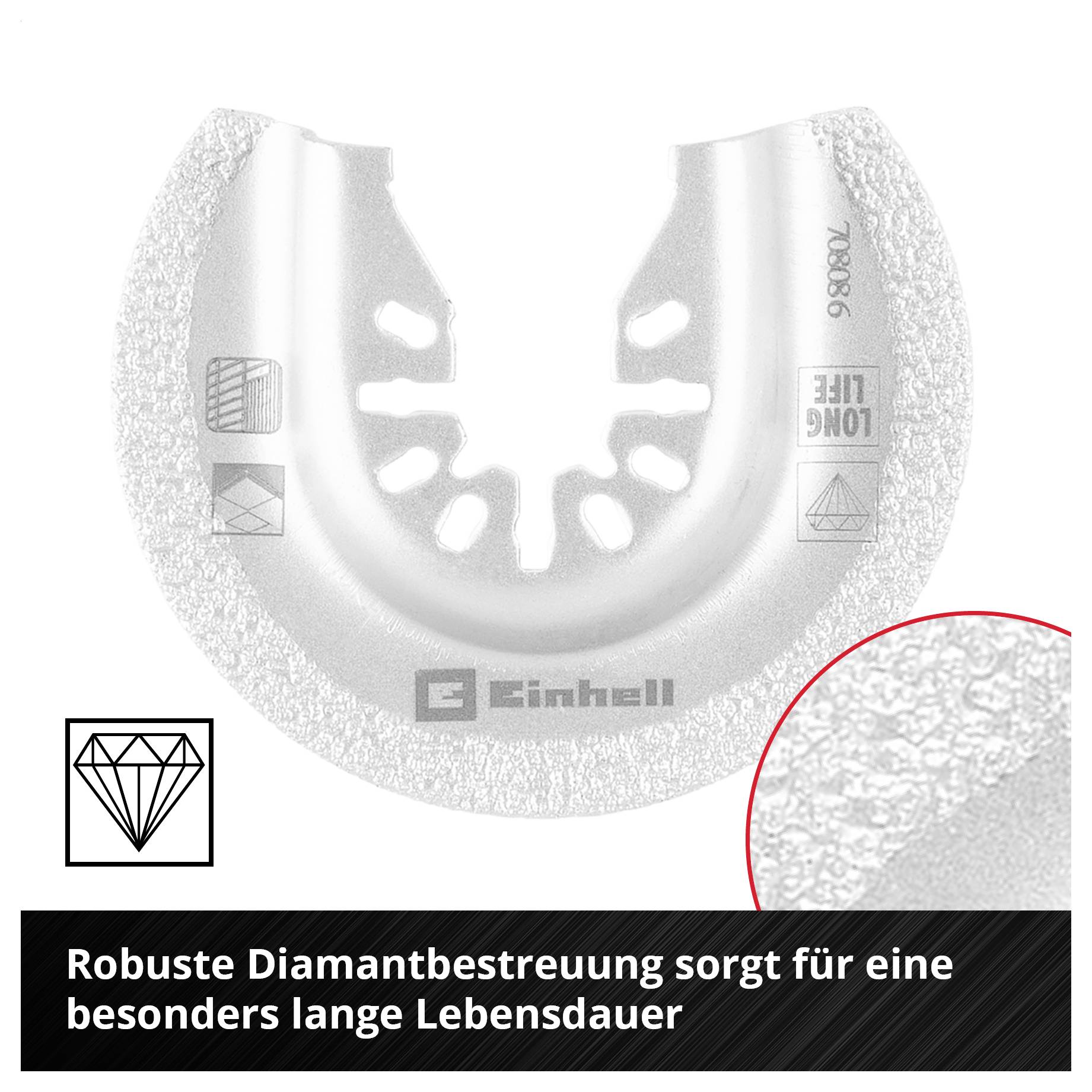 Metallsägeblatt mit robuster Diamantbestreuung. Text: 'Robuste Diamantbestreuung sorgt für eine besonders lange Lebensdauer'.