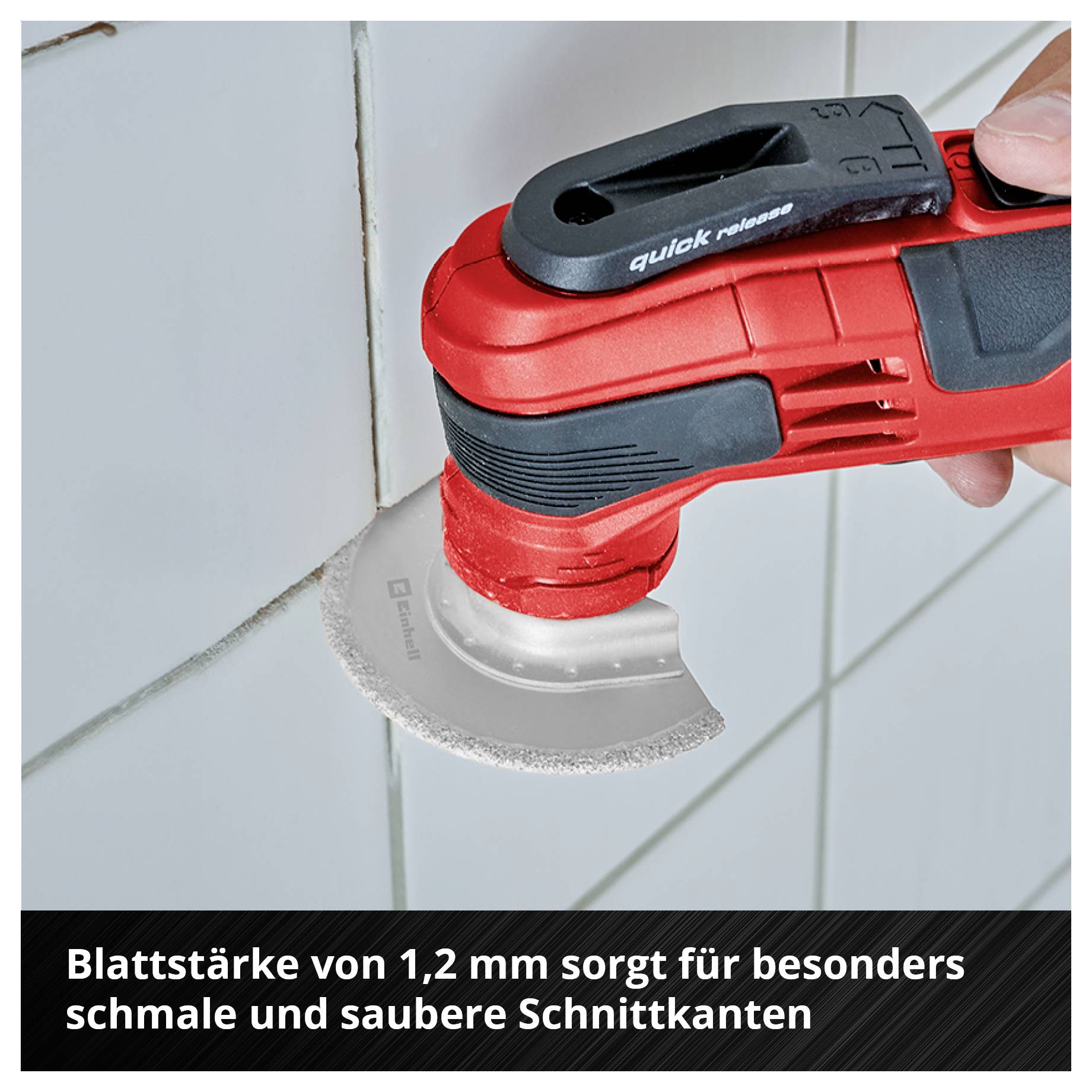 Elektrogerät schneidet Fliesen mit dünnem, rundem Sägeblatt. Text darunter: 'Blattstärke von 1,2 mm sorgt für besonders schmale und saubere Schnittkanten'.