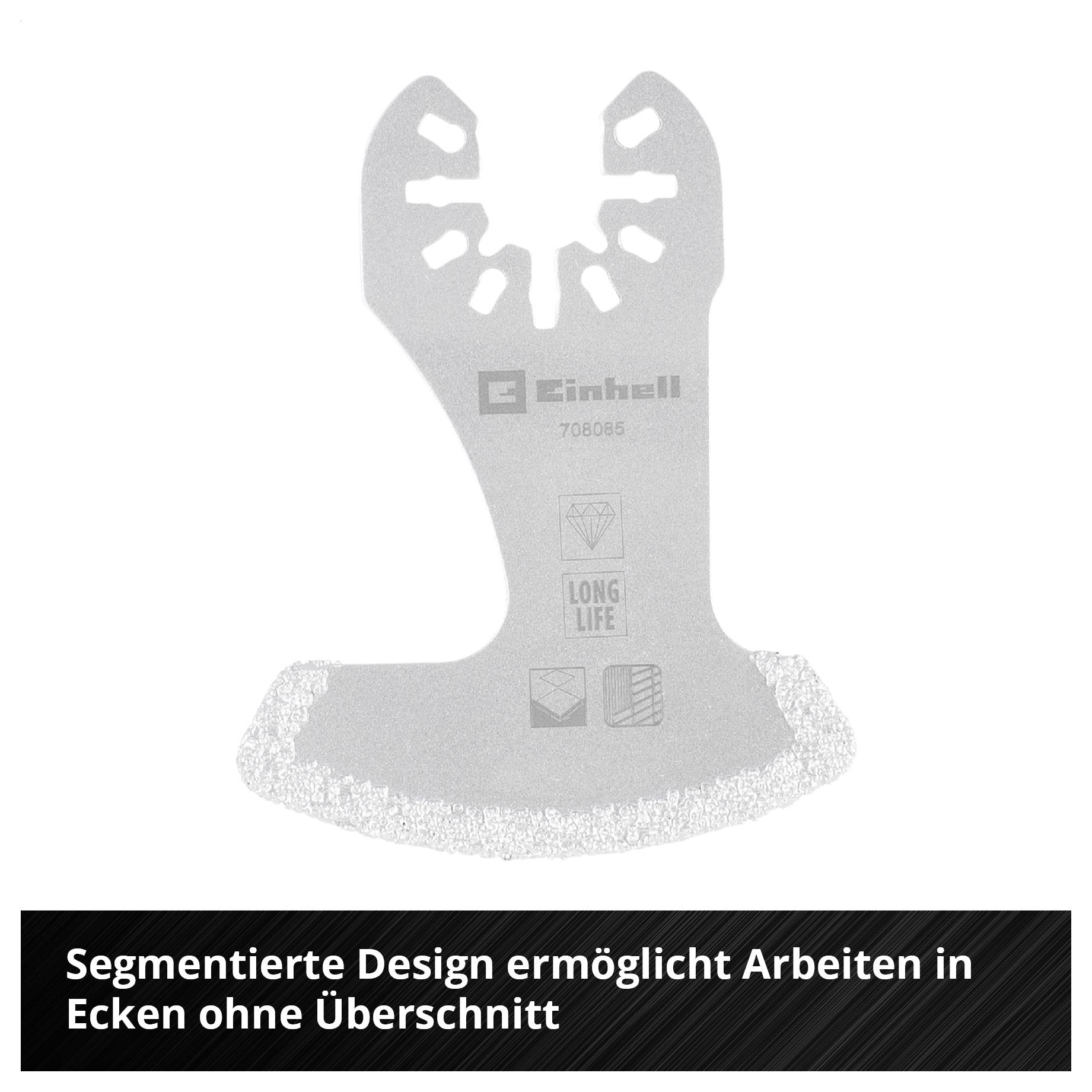 'Segmentierte Design ermöglicht Arbeiten in Ecken ohne Überschnitt.' Ein metallisches Segmentblatt-Design mit Körnung am Rand.