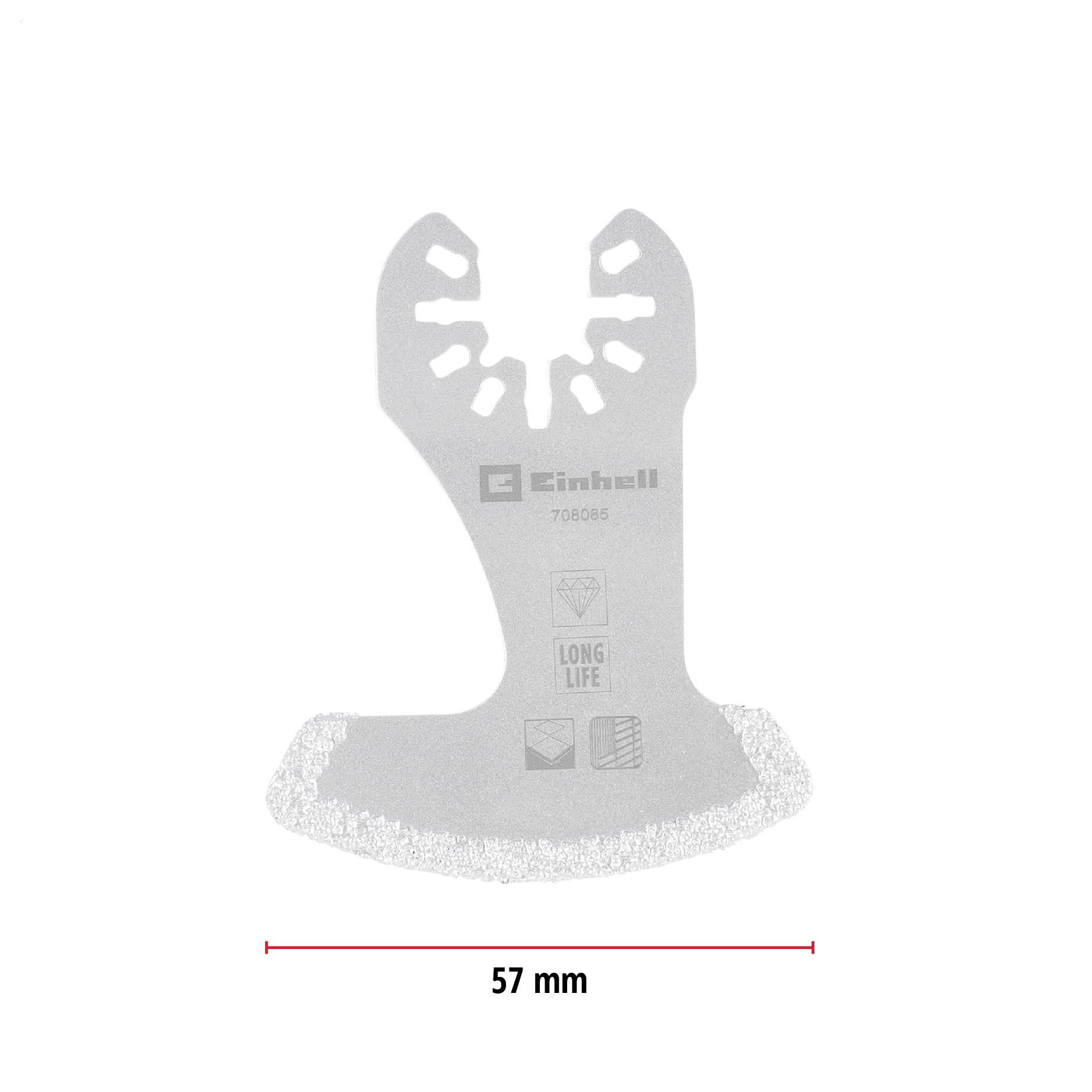 Multifunktions-Sägeblatt mit 57 mm Breite, geeignet für Holz, Metall und Kunststoff. Enthält die Aufschrift 'LONG LIFE'.