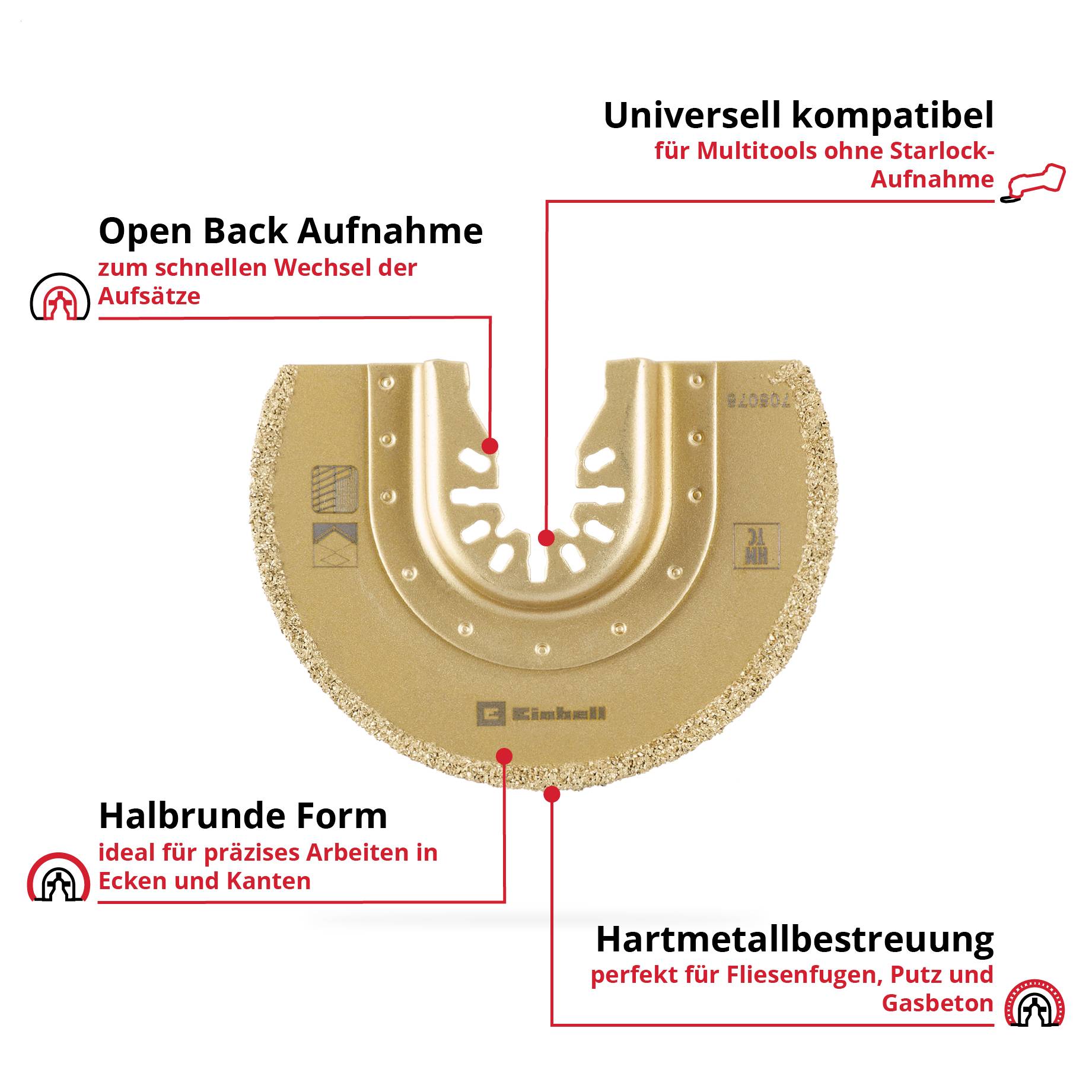 Multitool-Aufsatz, halbrund mit Hartmetallbestrich. Ideal für Fugen, Holz, Kunststoff. Universell kompatibel, einfacher Wechsel.