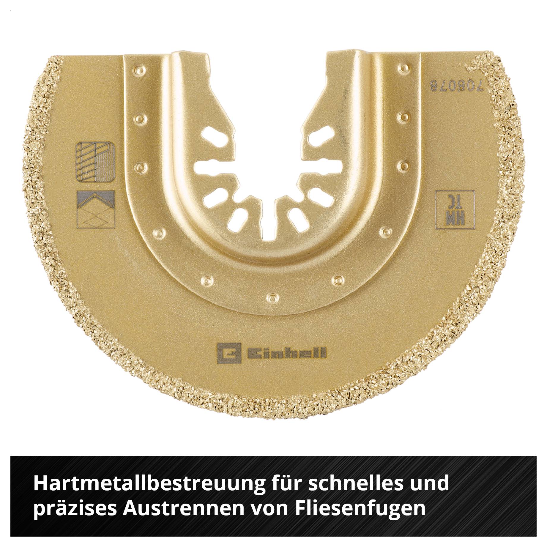 Ein halbrundes Sägeblatt mit hartmetallbeschichteten Kanten, geeignet zum schnellen und präzisen Austrennen von Fliesenfugen.