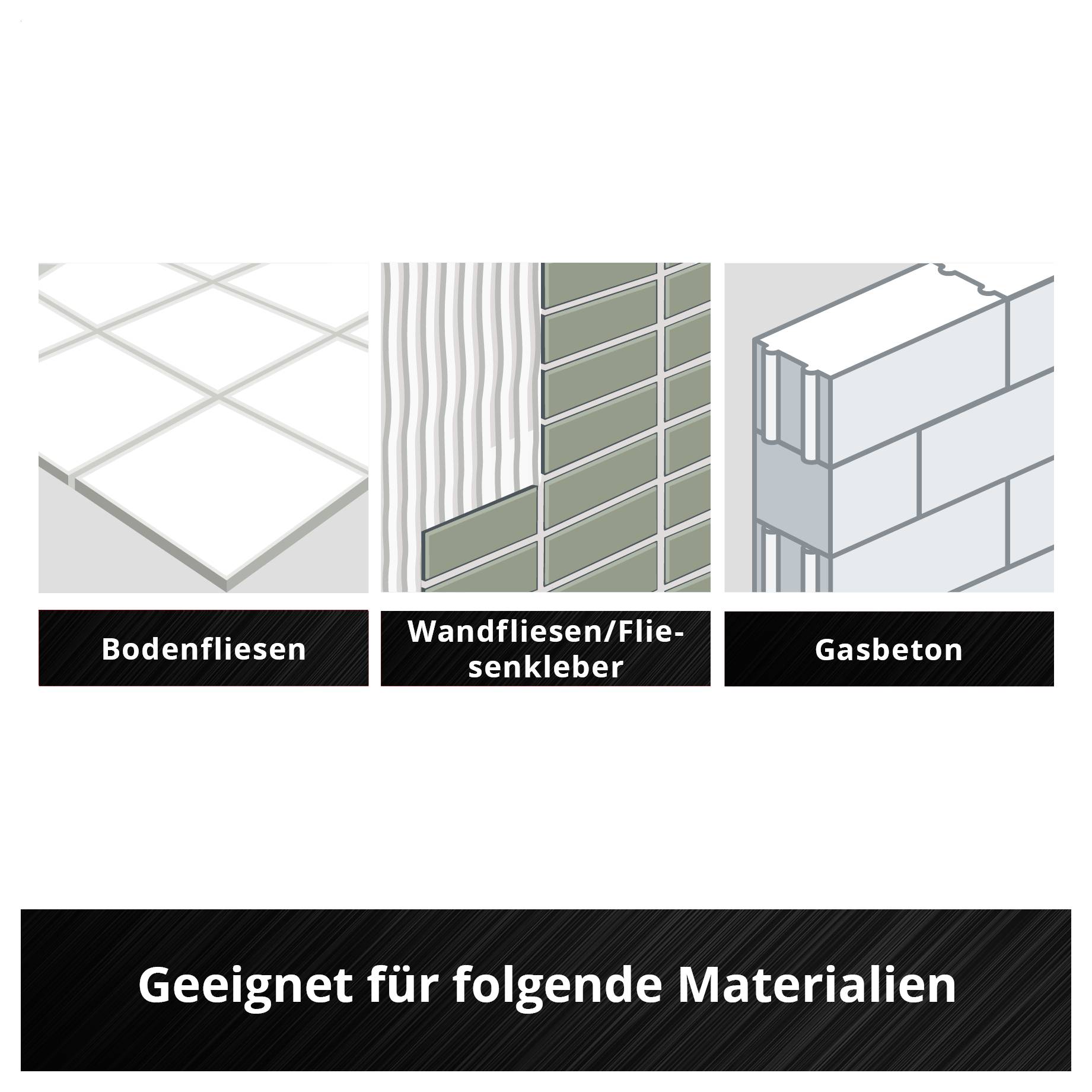 'Geeignet für folgende Materialien: Bodenfliesen, Wandfliesen/Fliesenkleber, Gasbeton.' Abbildungen zeigen die Materialien.