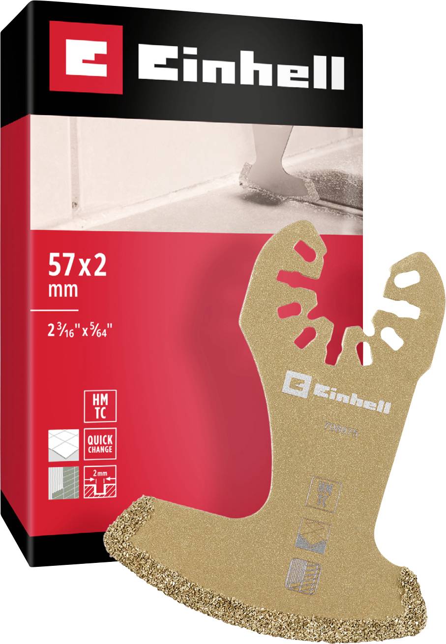 Verpackung eines Einhell-Sägeblatts mit einer Größe von 57x2 mm, für präzises Schneiden. Zeigt das Produkt mit HM-TC und Quick-Change-Logo.