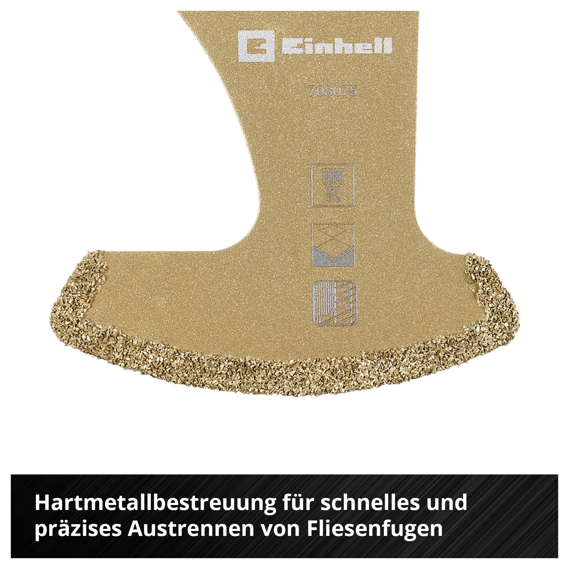 Ein Fliesenschneider mit Hartmetallbestreuung. Text unten: 'Hartmetallbestreuung für schnelles und präzises Ausrennen von Fliesenfugen'.