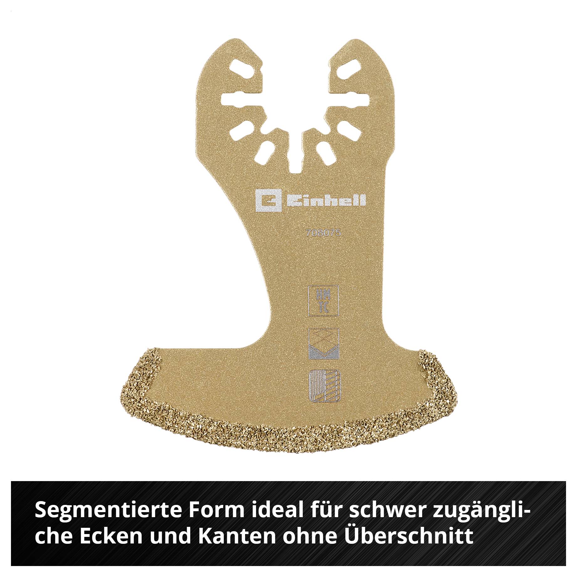 Segmentiertes Sägeblatt mit goldener Beschichtung, geeignet für schwer zugängliche Ecken und Kanten. Text: 'Segmentierte Form ideal'.