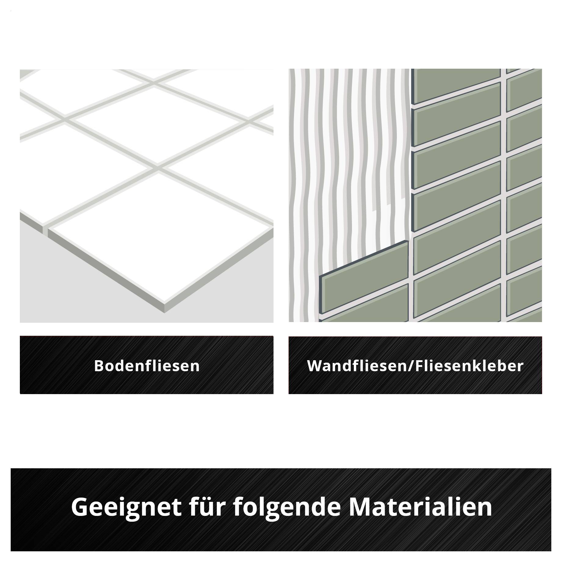 'Geeignet für folgende Materialien: Bodenfliesen, Wandfliesen/Fliesenkleber'. Bild zeigt stilisierte Fliesen und strukturierten Kleber.