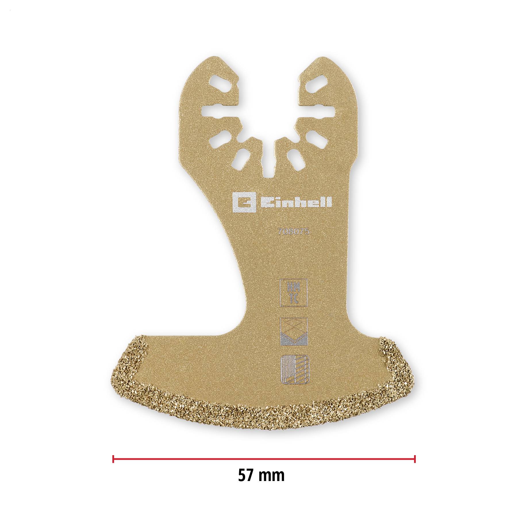 Einhell Zubehöroption für Multifunktionswerkzeug, 57 mm breit, segmentförmig mit Schleifrand, geeignet für Fliesenreinigung.