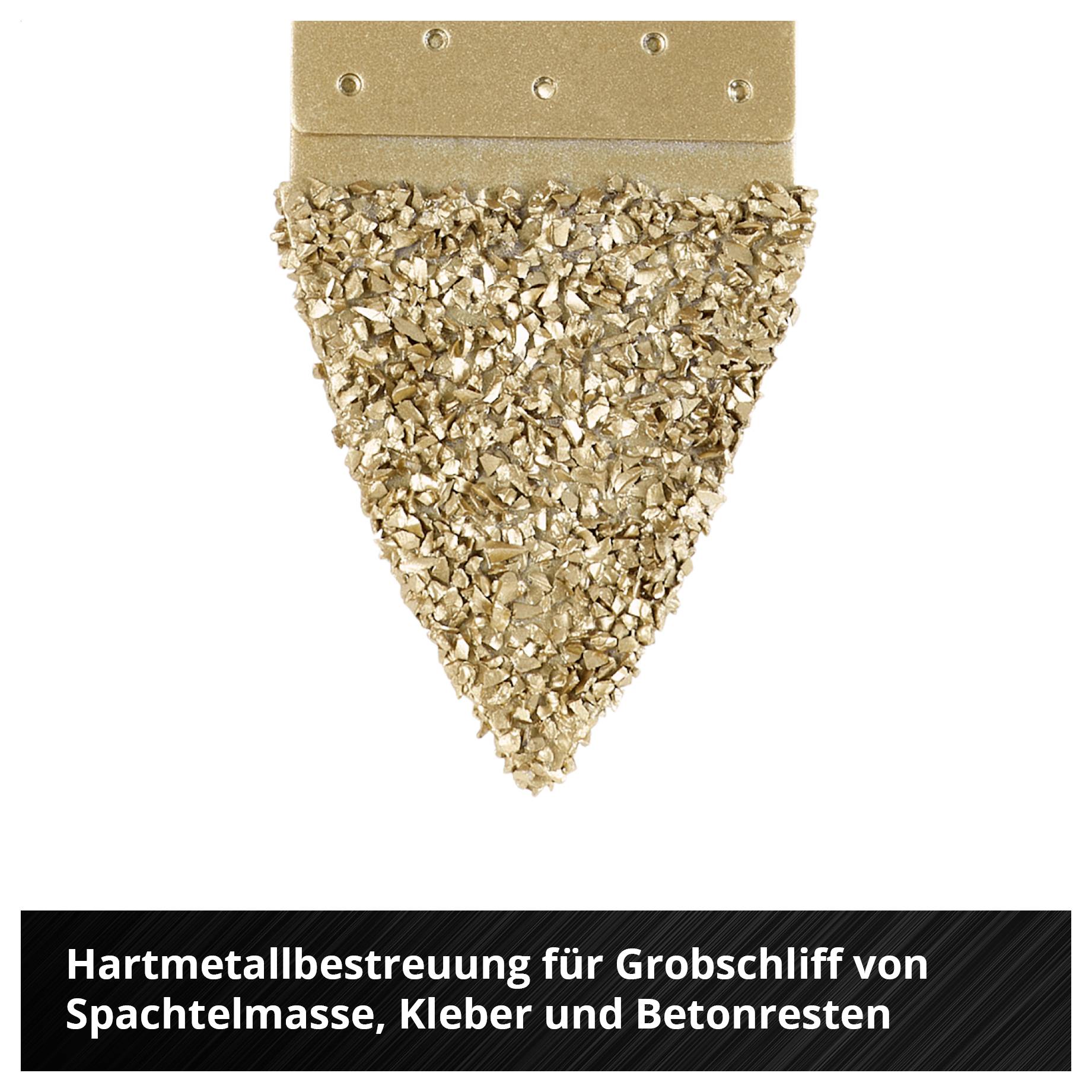 Dreieckiger Schleifaufsatz mit Hartmetallbeschichtung zur groben Entfernung von Spachtelmasse und Betonresten.