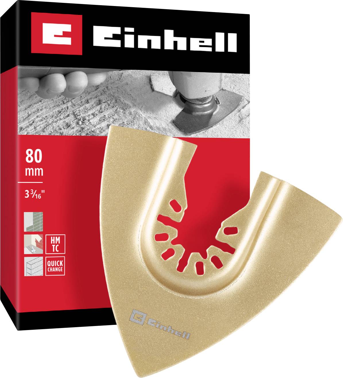 Produktverpackung für Einhell Multitool-Zubehör: ein dreieckiger Schleifaufsatz, 80 mm, für Holz- und Metallbearbeitung.