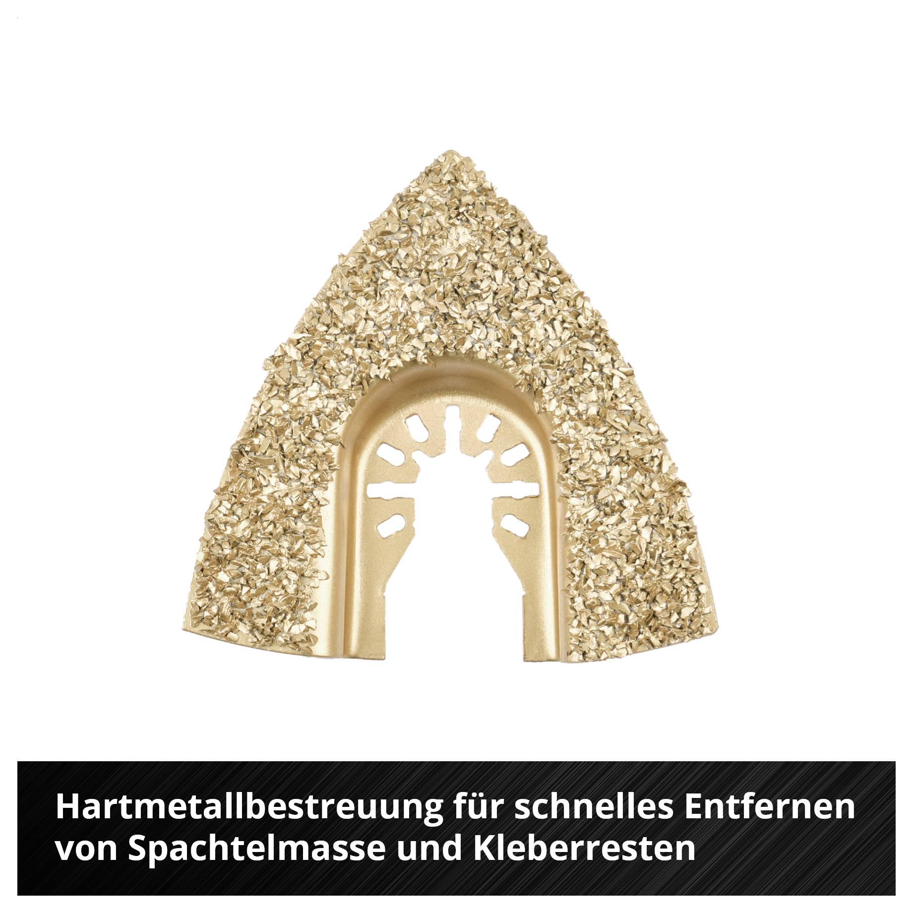 Hartmetallbestreute Dreiecksklinge zur schnellen Entfernung von Spachtelmasse und Kleberesten.