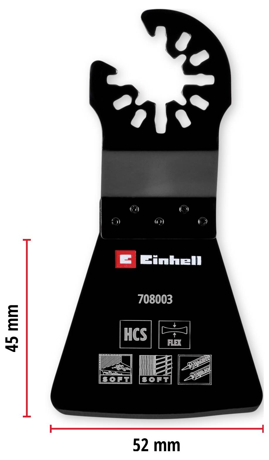 Multifunktionales Sägeblatt, rechteckig, 52 mm breit und 45 mm hoch, mit Markenname und Symbolen für weiche Materialien.