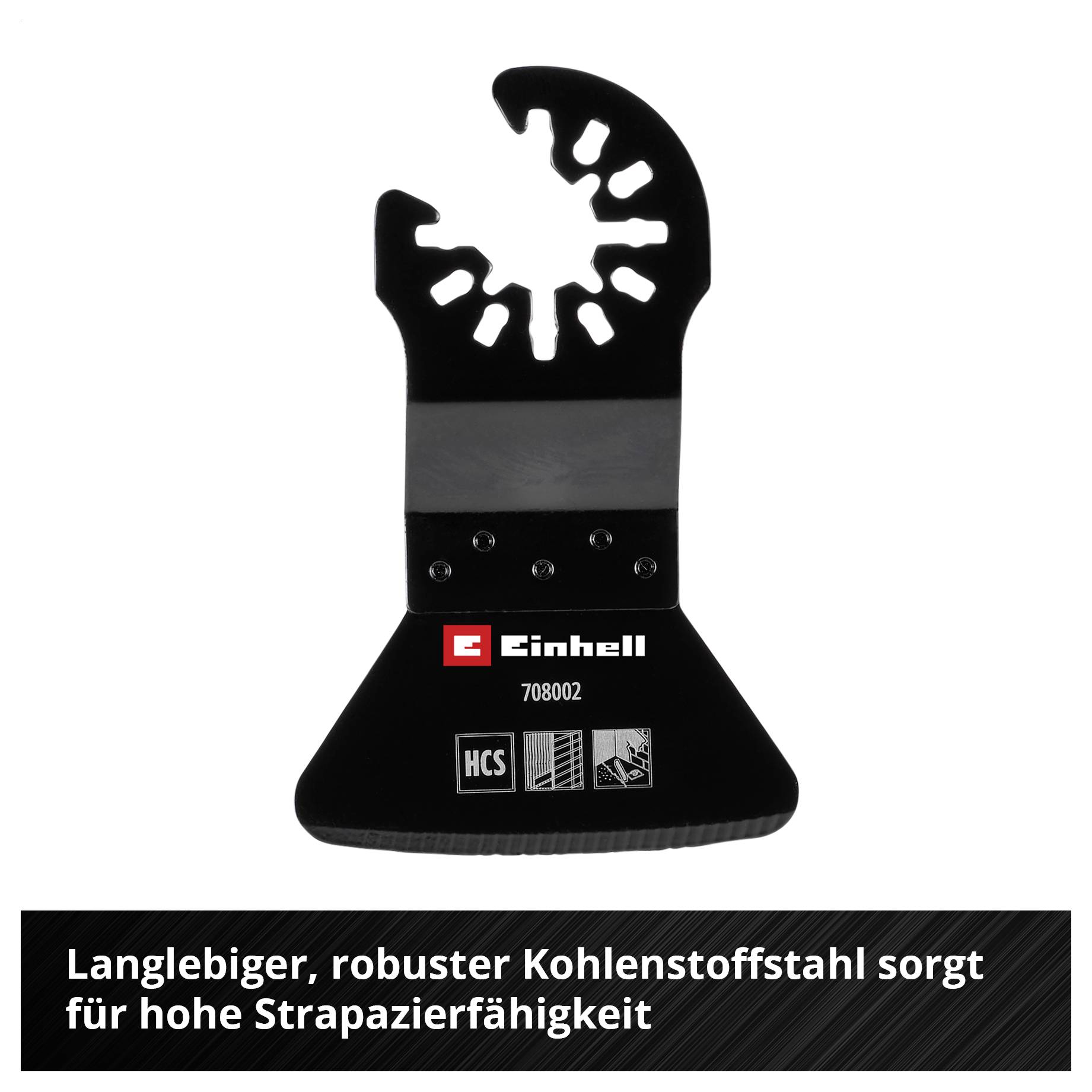 Schwarzes, robustes Sägeblatt aus Kohlenstoffstahl, geeignet für hohe Strapazierfähigkeit; Markenname 'Einhell' vorne sichtbar.