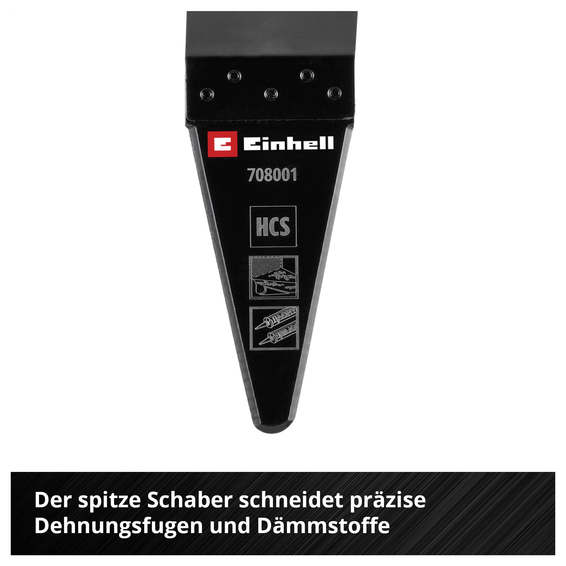 Der spitze Schaber von Einhell, Modellnummer 708001, eignet sich zum präzisen Schneiden von Dehnungsfugen und Dämmstoffen.