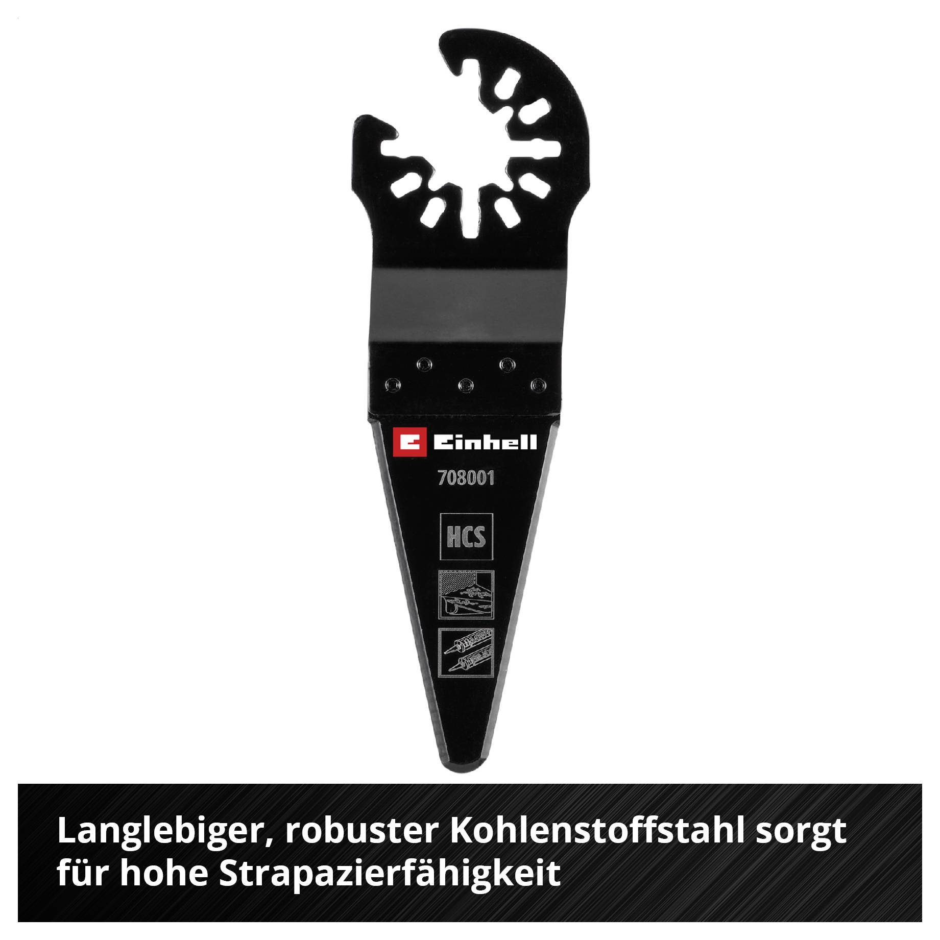 'Einhell' Sägeblatt aus HCS-Kohlenstoffstahl für hohe Strapazierfähigkeit, abgebildet auf schwarzem Hintergrund.