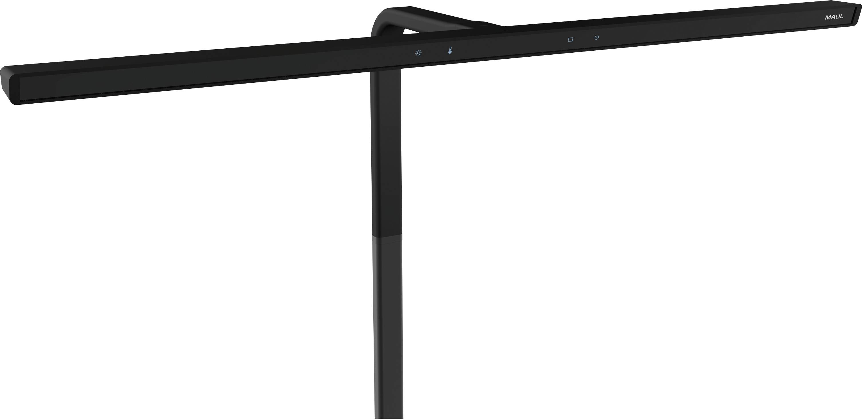 Eine elegante, moderne schwarze Schreibtischlampe mit horizontaler Stabgestaltung und berührungsempfindlichen Bedienelementen am Schaft, vor einem schlichten Hintergrund.