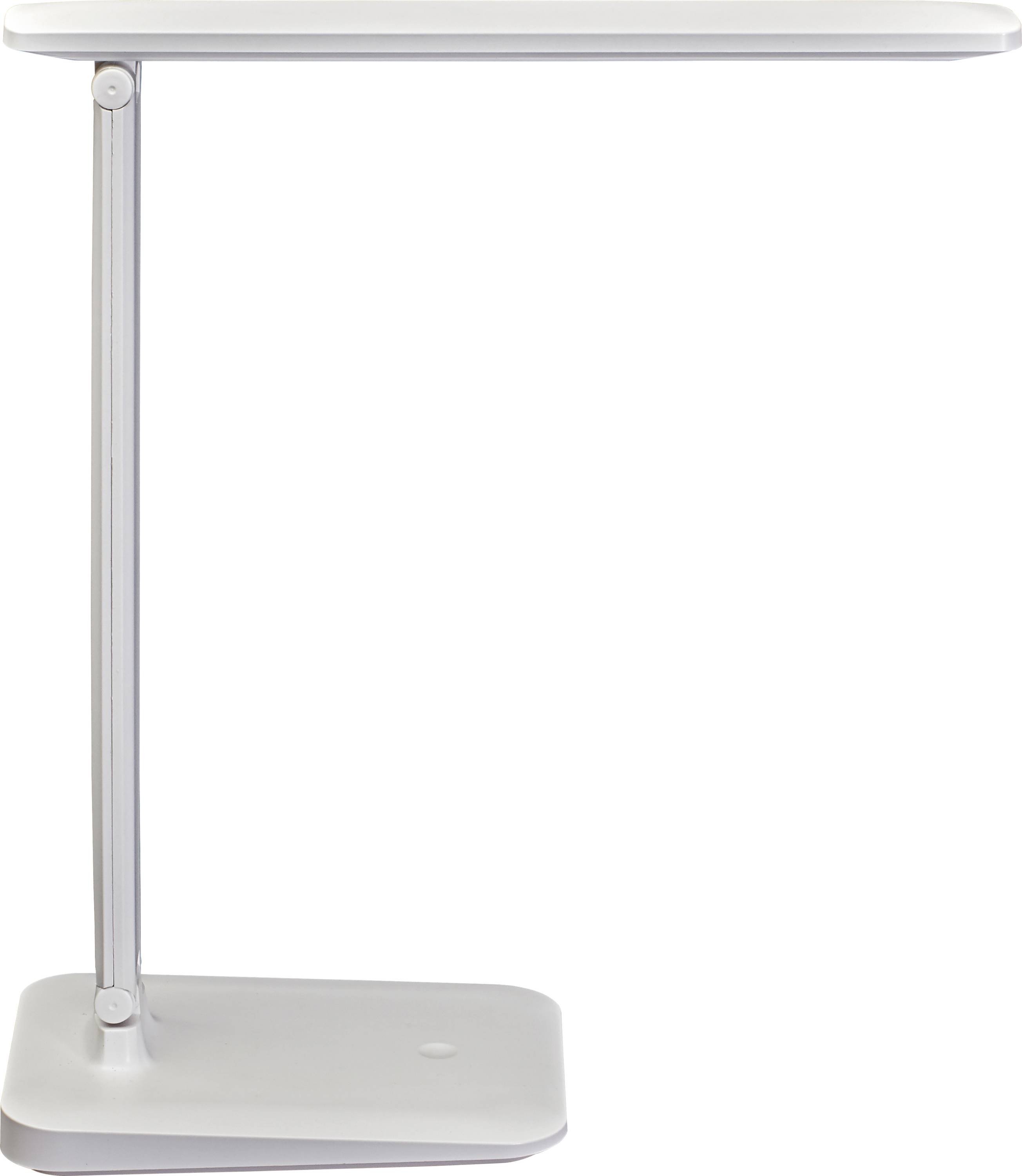 Eine weiße, moderne Schreibtischlampe mit einem flachen, rechteckigen Kopf und Fuß, ausgestattet mit einem verstellbaren Hals, entwickelt für Arbeitsbeleuchtung.