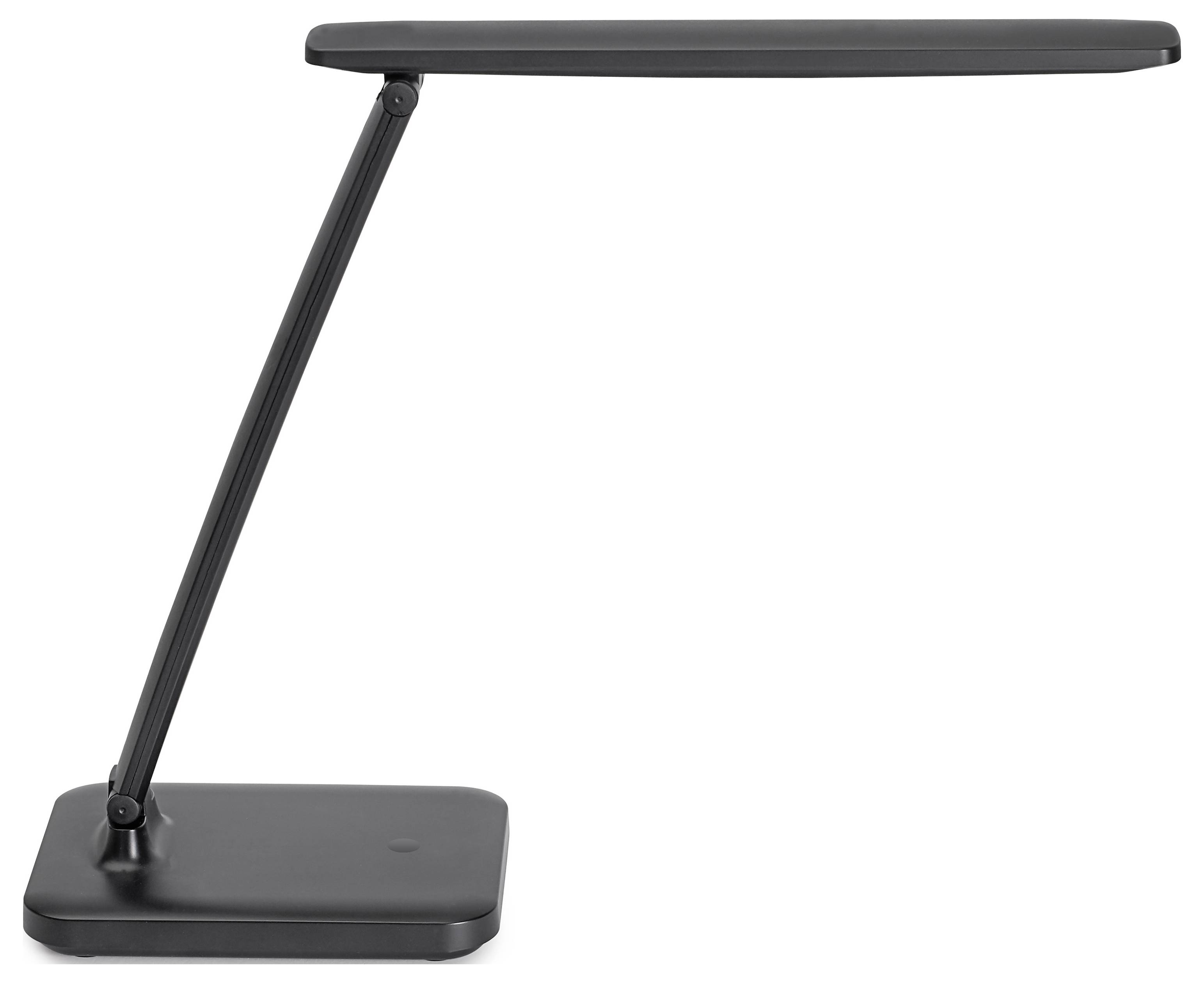 Eine elegante, moderne schwarze Schreibtischlampe mit verstellbarem Arm und schlankem rechteckigem Kopf, konzipiert für fokussierte Arbeitsbeleuchtung.