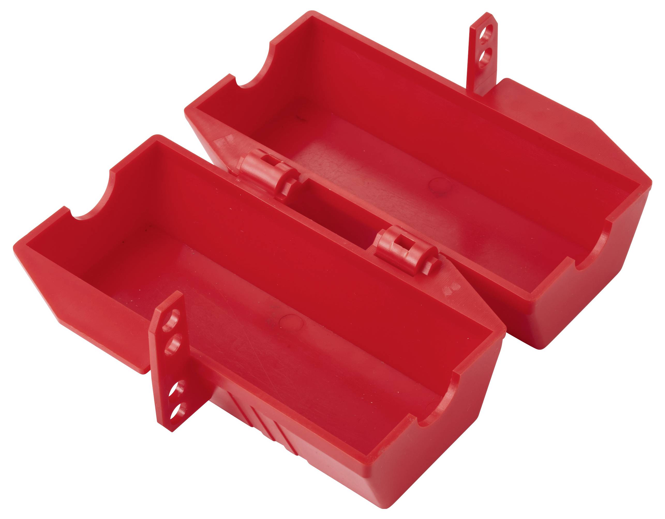 Rote, geteilte Kunststoff-Sperrvorrichtung, geöffnet, mit Scharnier und Befestigungspunkten, verwendet für Sicherheits-Sperrverfahren (Lockout/Tagout).