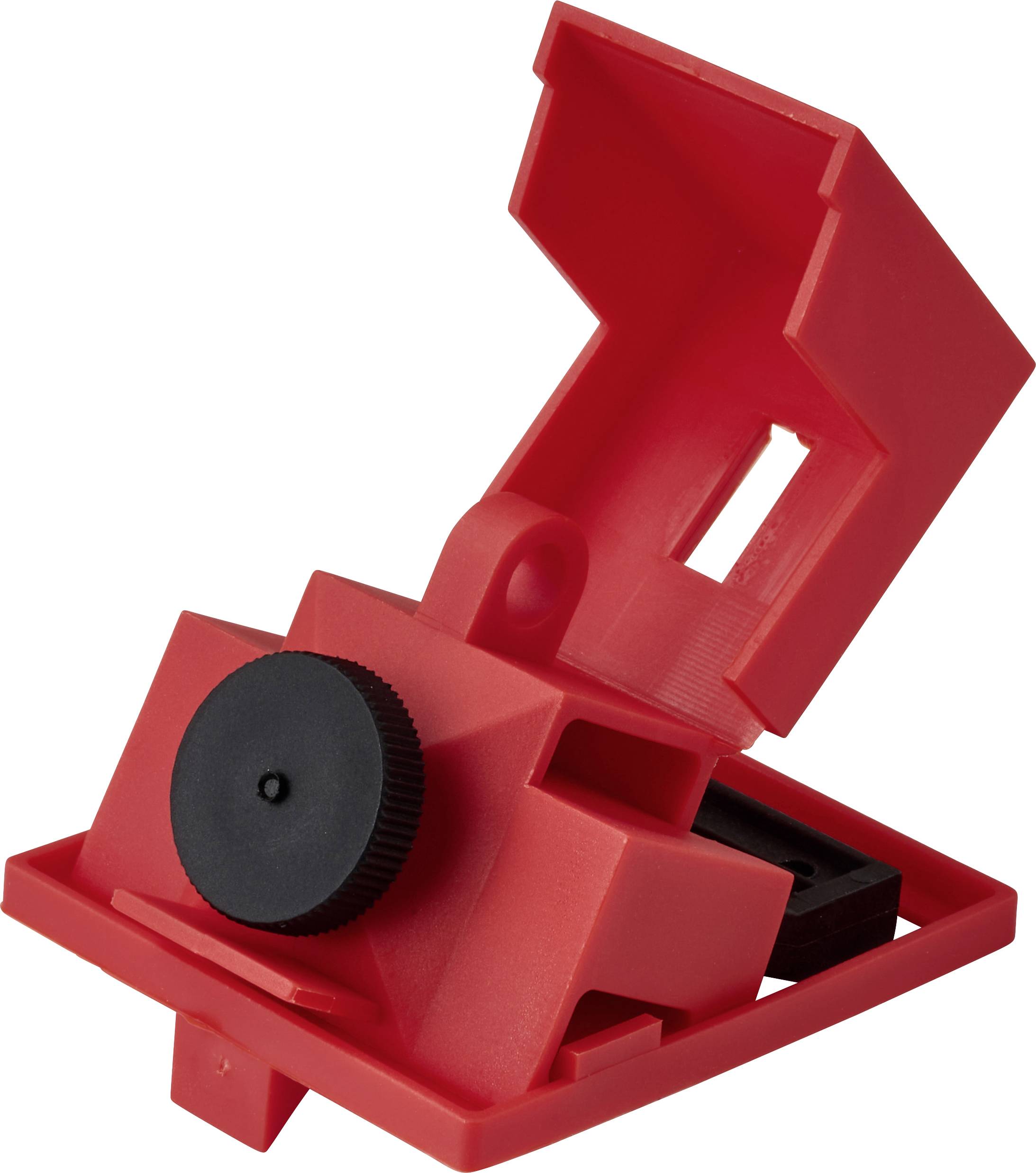 Ein roter Sicherheits-Verriegelungsschutz mit einem schwarzen kreisförmigen Knopf, der verwendet wird, um die versehentliche Aktivierung von elektrischen Geräten während der Wartung zu verhindern.