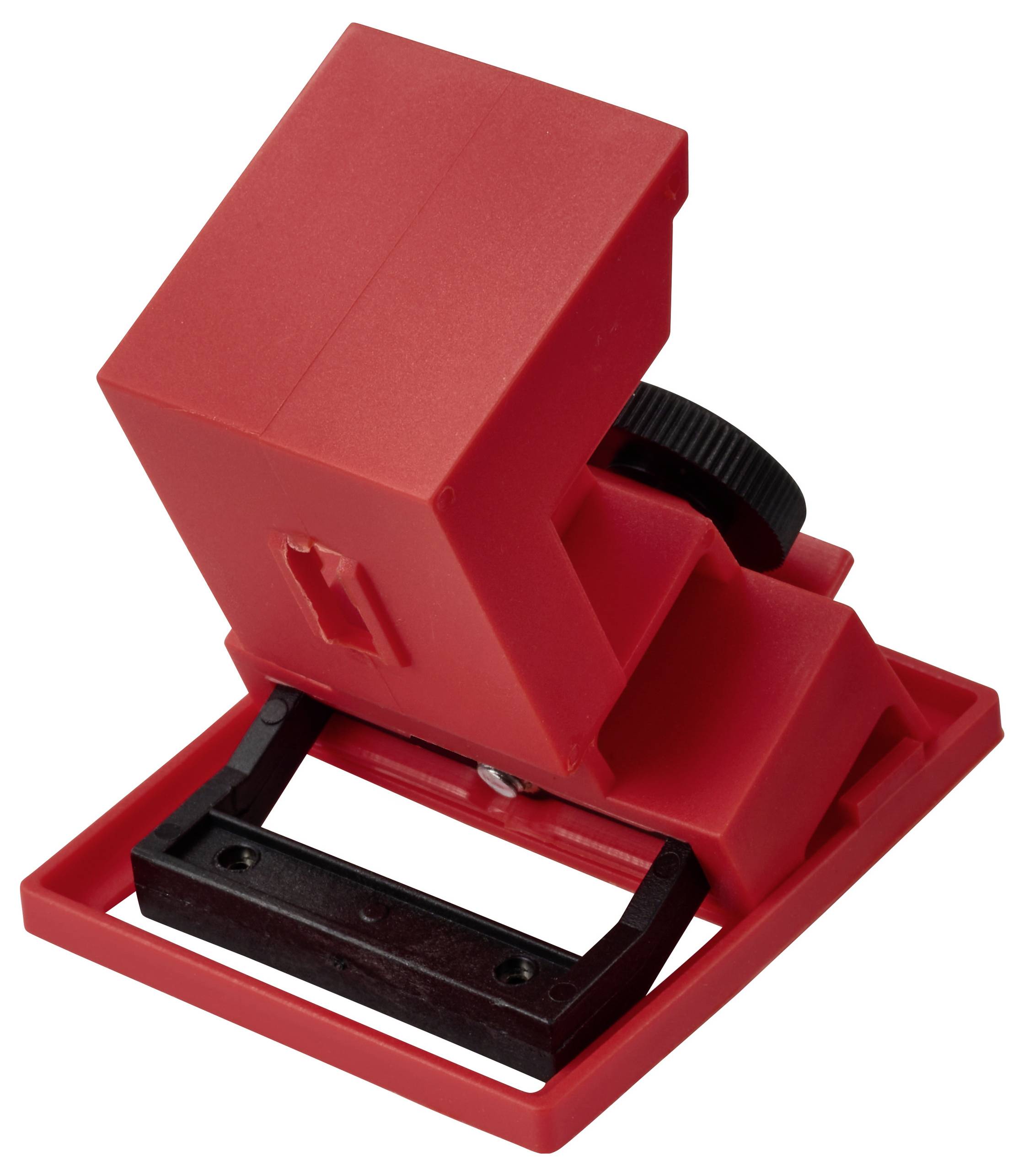 Ein roter Diapositiv-Betrachter auf einem schwarzen Ständer, der zum Betrachten von Fotodias mit einer Vergrößerungslinse verwendet wird, um Bilddetails zu verbessern.