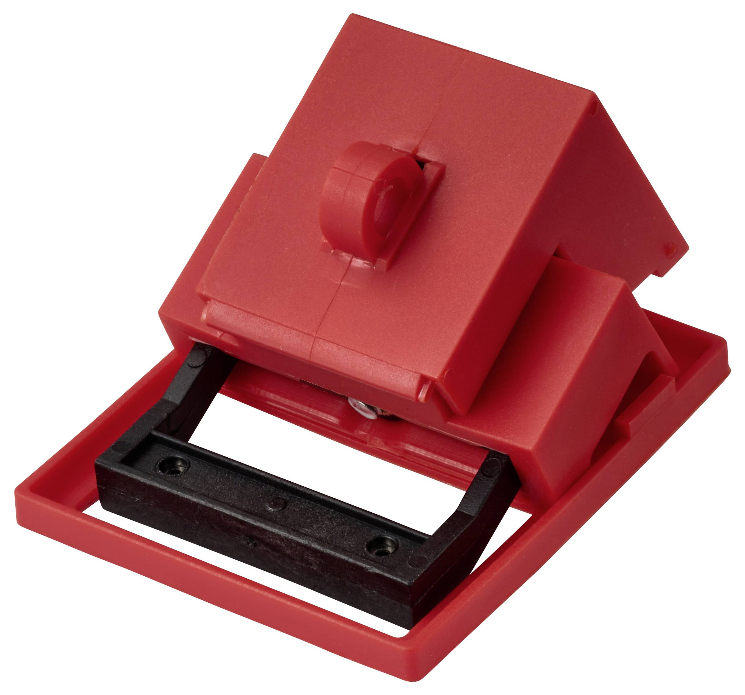 Eine rote und schwarze Plastik-Mausefalle mit einem einfachen Schnapp-Mechanismus und Druckplatte, entwickelt zum Fangen von kleinen Nagetieren in Innenräumen.