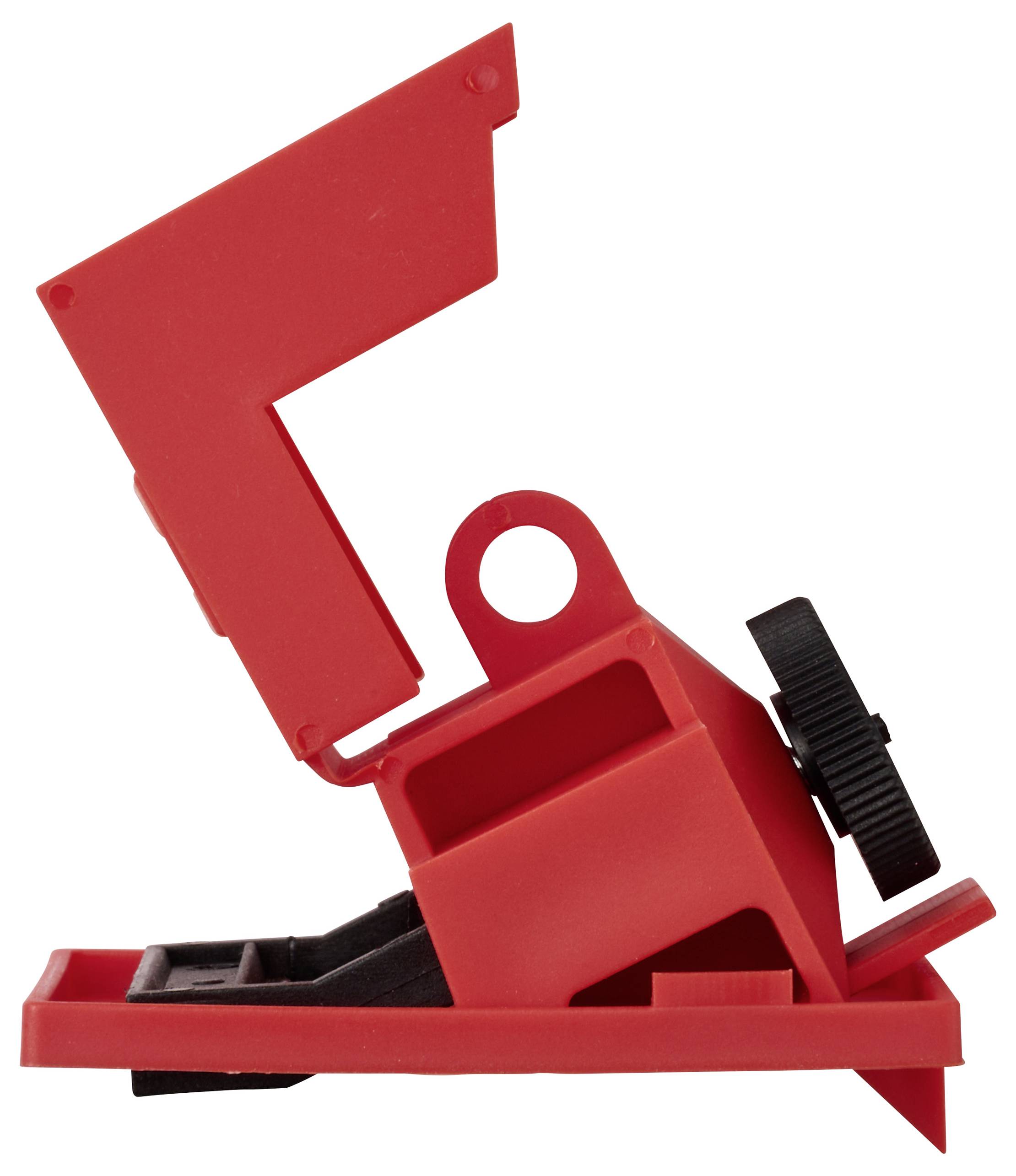 Rote Plastikvorrichtung mit einem schwarzen Rad, höchstwahrscheinlich ein Verschlussmechanismus, der seine geöffnete Position zeigt.