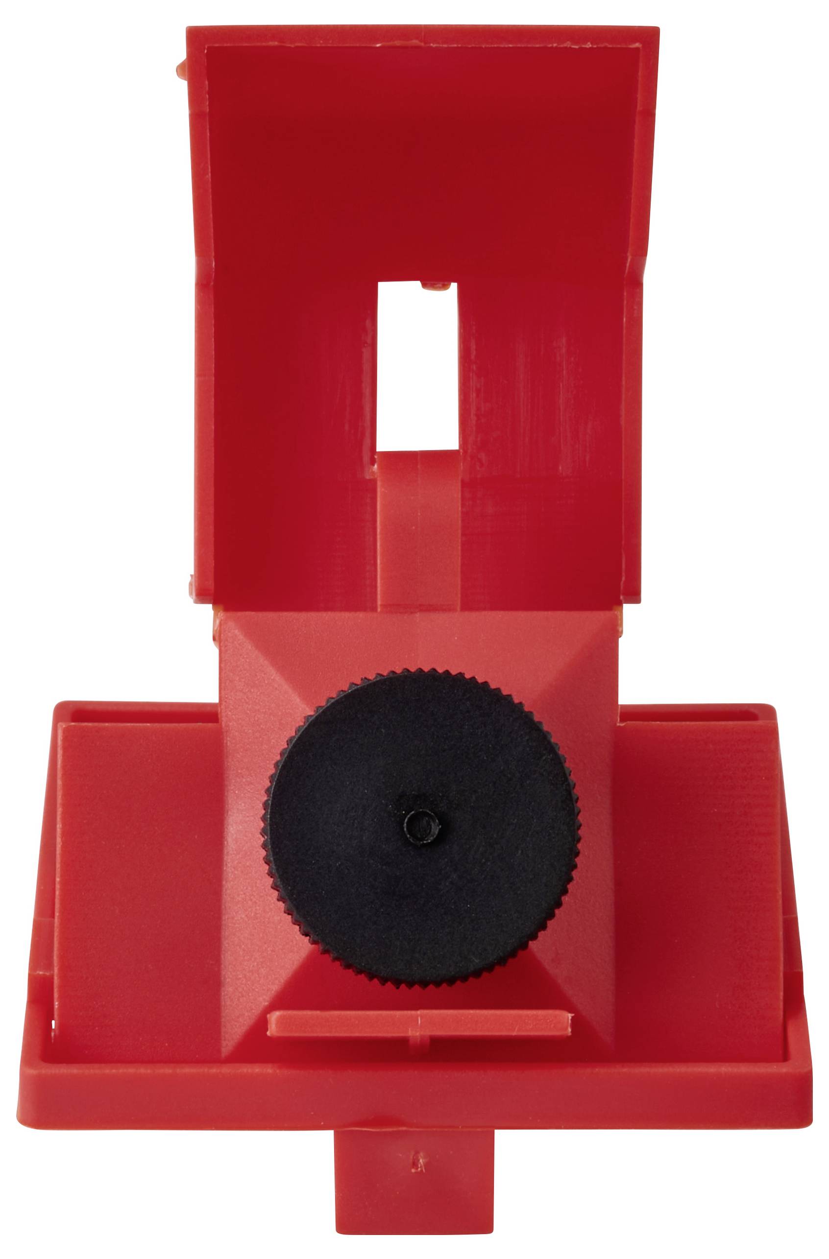 Rote Sicherheitssperre aus Kunststoff mit schwarzem Rundwahlschalter, die zur Sicherheit verwendet wird, um versehentliche Maschinenbedienung zu verhindern.