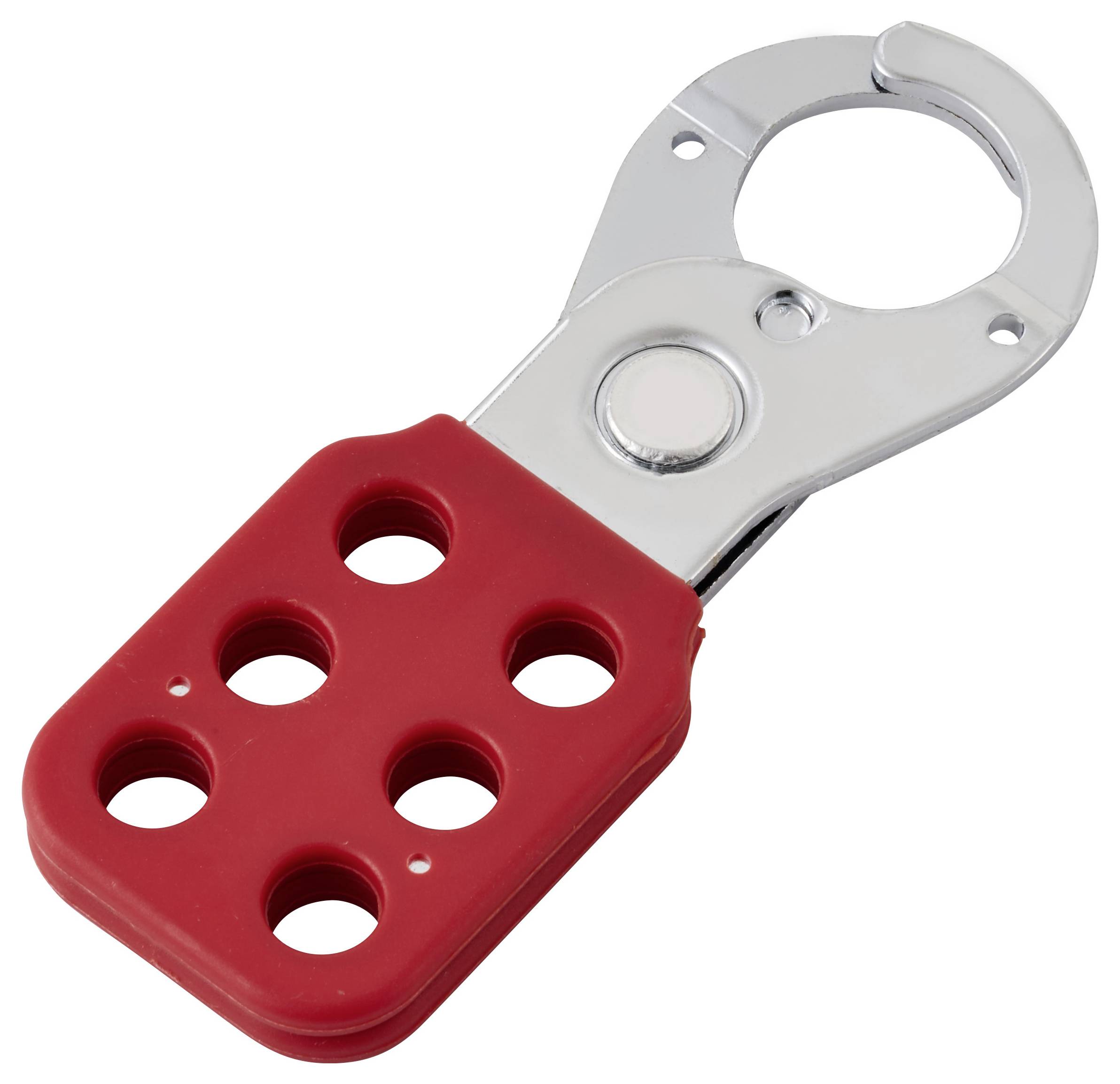 Ein rotes und silbernes Sperrvorrichtungshasp mit sechs Löchern, entwickelt, um mehrere Vorhängeschlösser für Sicherheitszwecke in Sperrungsverfahren zu befestigen.