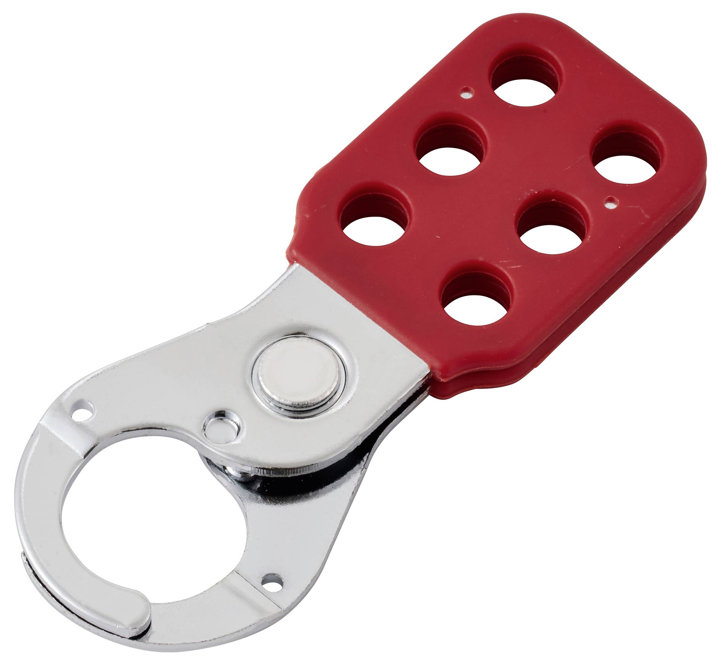 Ein roter und silberner Sperrbolzenhaken mit sechs Löchern, der für Sicherheitsverfahren zum Ausschalten von Geräten während Wartungs- oder Reparaturarbeiten verwendet wird.