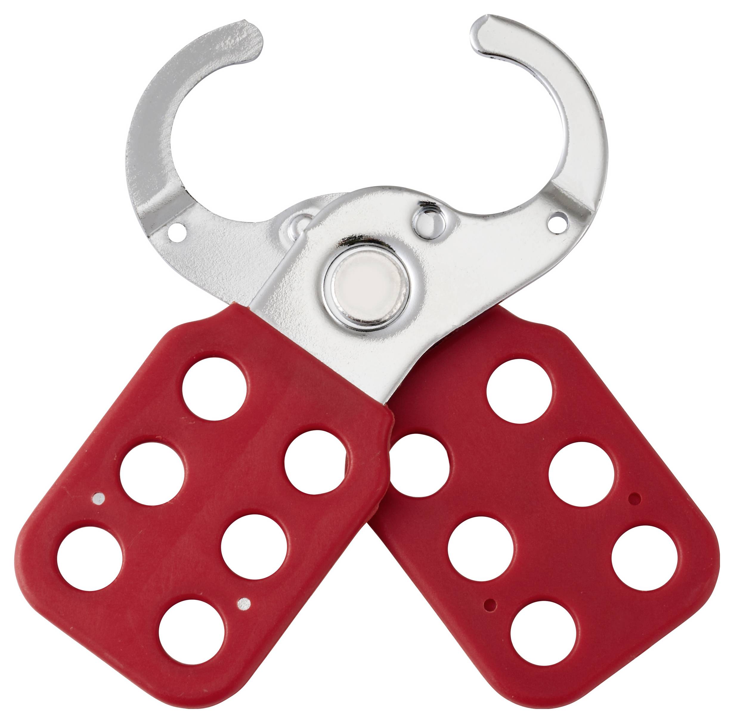 Eine Silber-Sperrvorrichtung mit einem roten Griff, die sechs kreisrunde Löcher aufweist und zum sicheren Isolieren von Ausrüstung durch Anbringen mehrerer Vorhängeschlösser verwendet wird.