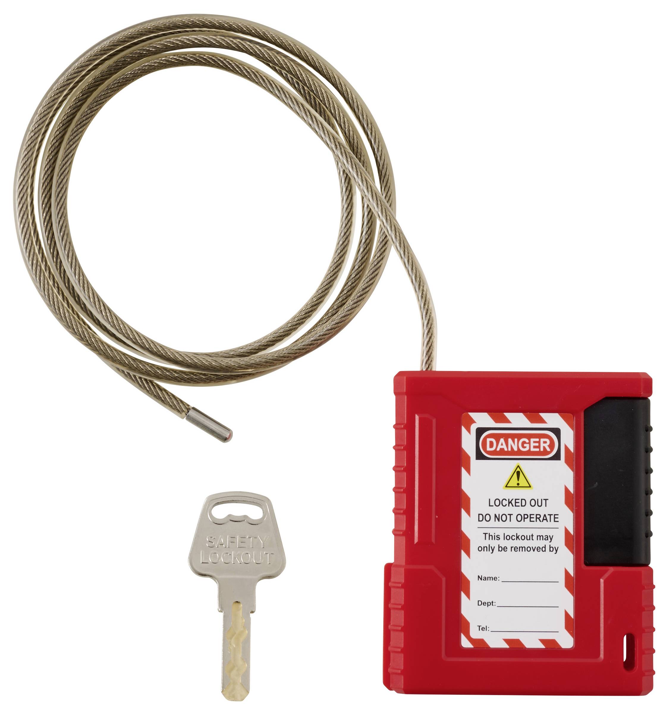 Rotes Sperrelement mit Kabel und Schlüssel. Etikett liest: 