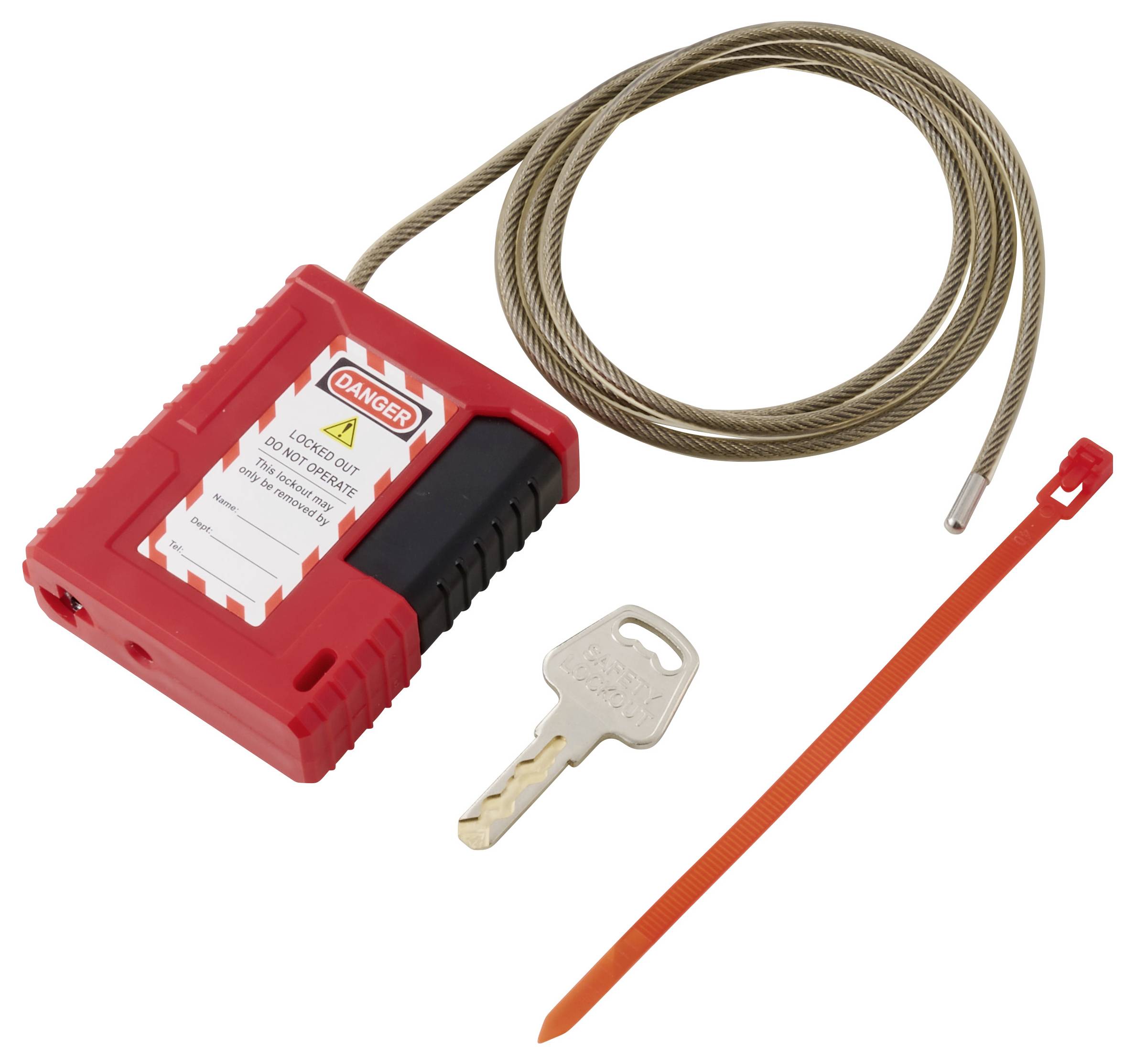 Ein rotes Sicherheitsverriegelungsgerät mit einem Kabel, einem silbernen Schlüssel und einem orangen Kabelbinder, das für Sicherheits-Sperrvorrichtungs- und Kennzeichnungsverfahren verwendet wird, um versehentliche Maschinenbedienung zu verhindern.