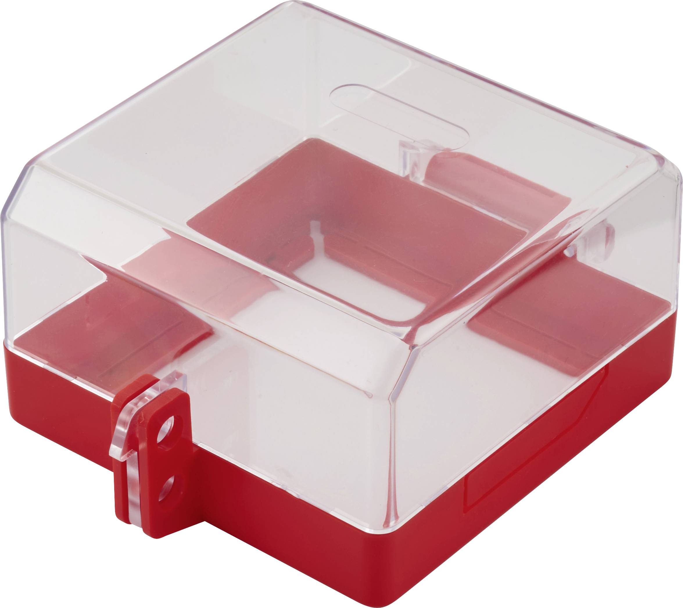 Eine transparente Kunststoffbox mit rotem Gehäuse, wahrscheinlich für sicheres Verschließen gedacht, mit Scharnier und sichtbarer Befestigungshardware zum Anbringen an Oberflächen.