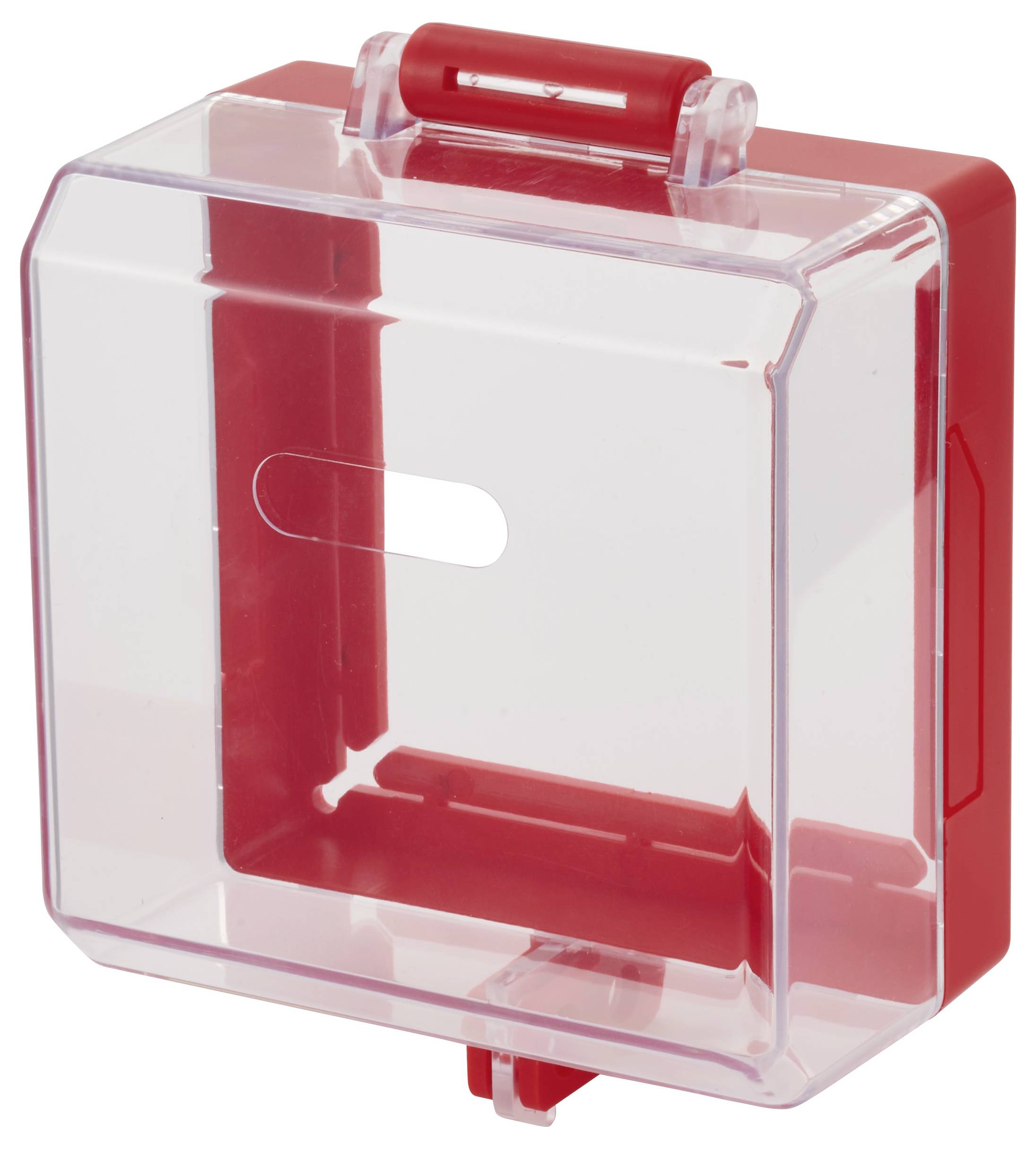 Eine rote und transparente Verschlussabdeckung für Schaltkästen, entwickelt zum Sichern von Notschaltern oder Tastern, mit rechteckiger Form und einem kleinen Schlitz.