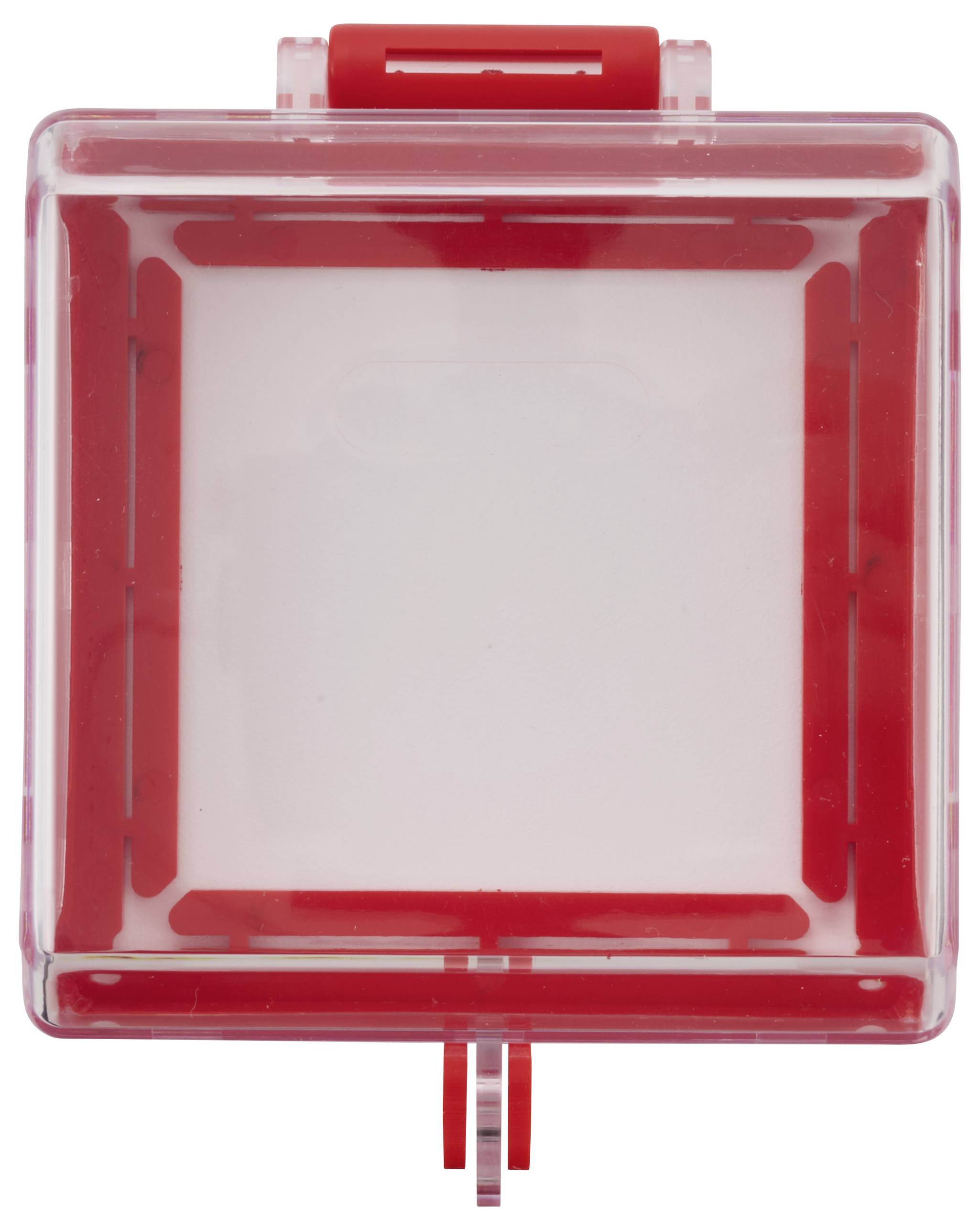 Eine transparente Plastikbox in Quadratform mit einer roten Verschlussvorrichtung und roten Akzenten an den Ecken, von oben betrachtet.