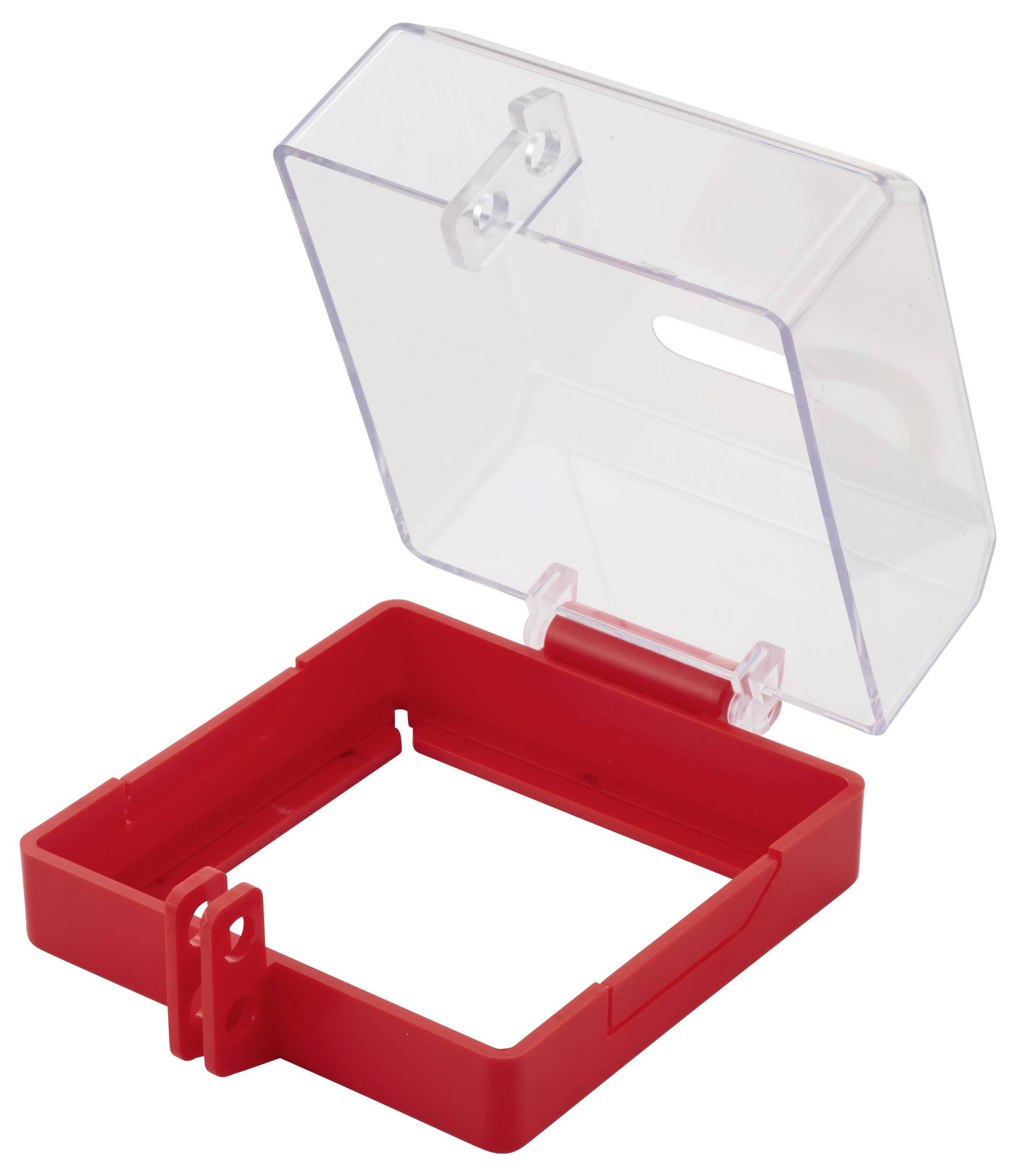 Ein transparenter Kunststoffgehäuse mit einer roten Basis und einem offenen Deckel, der zwei Befestigungslöcher zur Installation aufweist und für die Aufnahme eines elektrischen Geräts konzipiert ist.