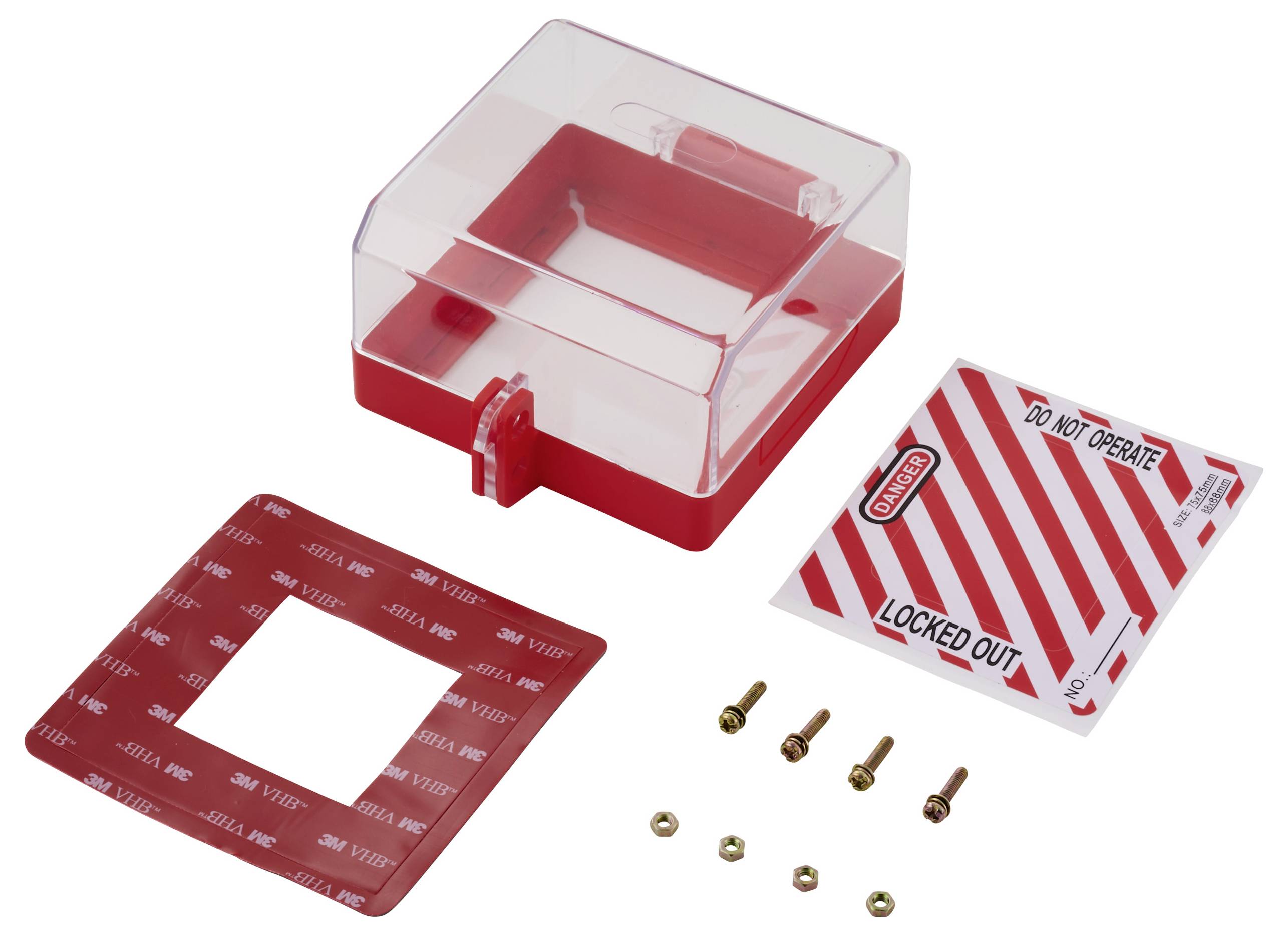 Sicherheits-Sperrausrüstung mit transparenter Abdeckung, roter Basis, Warnhinweis 