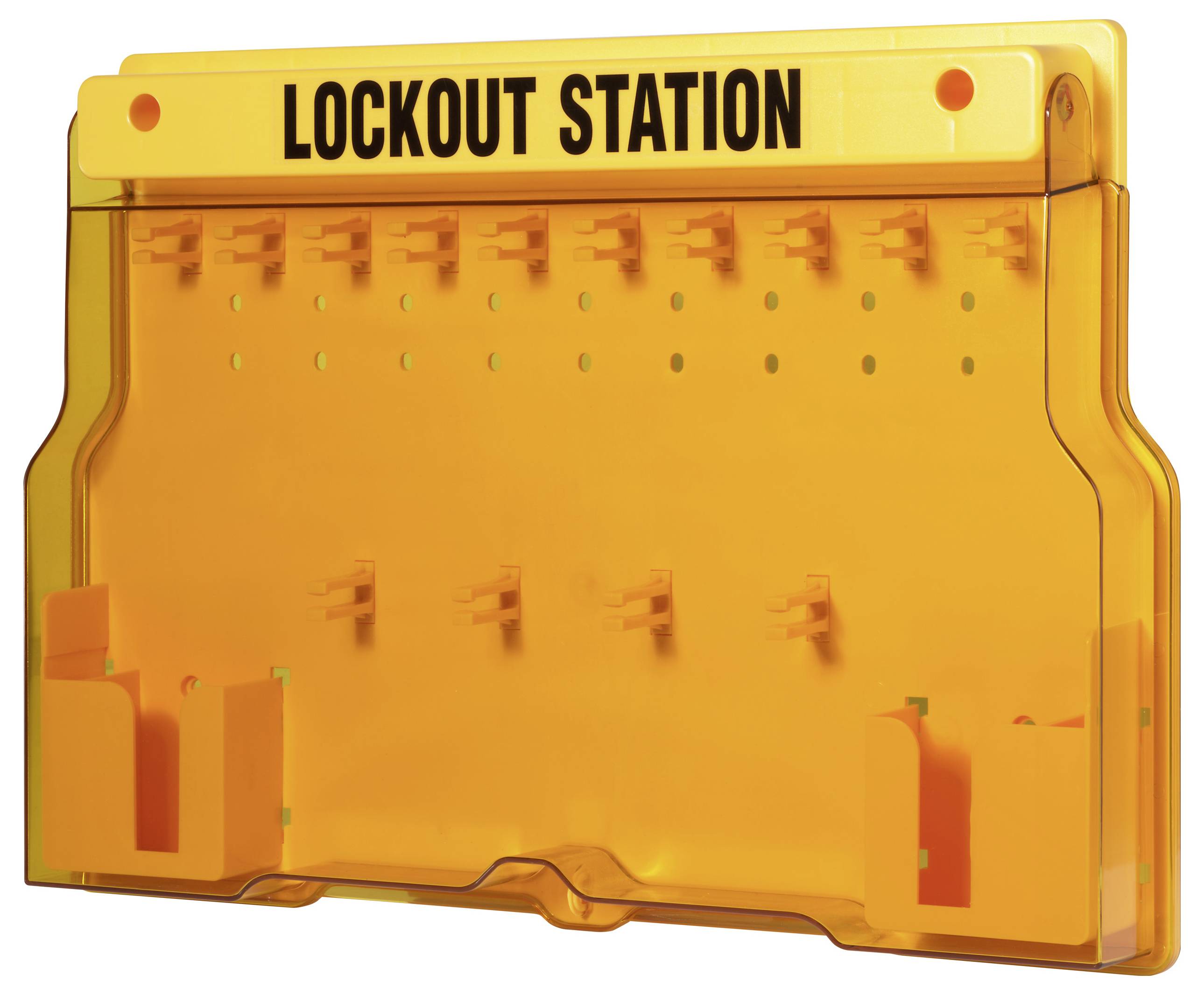 Eine orangefarbene Sperrstation mit mehreren Haken zum Aufhängen von Sperrvorrichtungen und Warnschildern. Das Schild trägt in fetten schwarzen Buchstaben die Aufschrift 