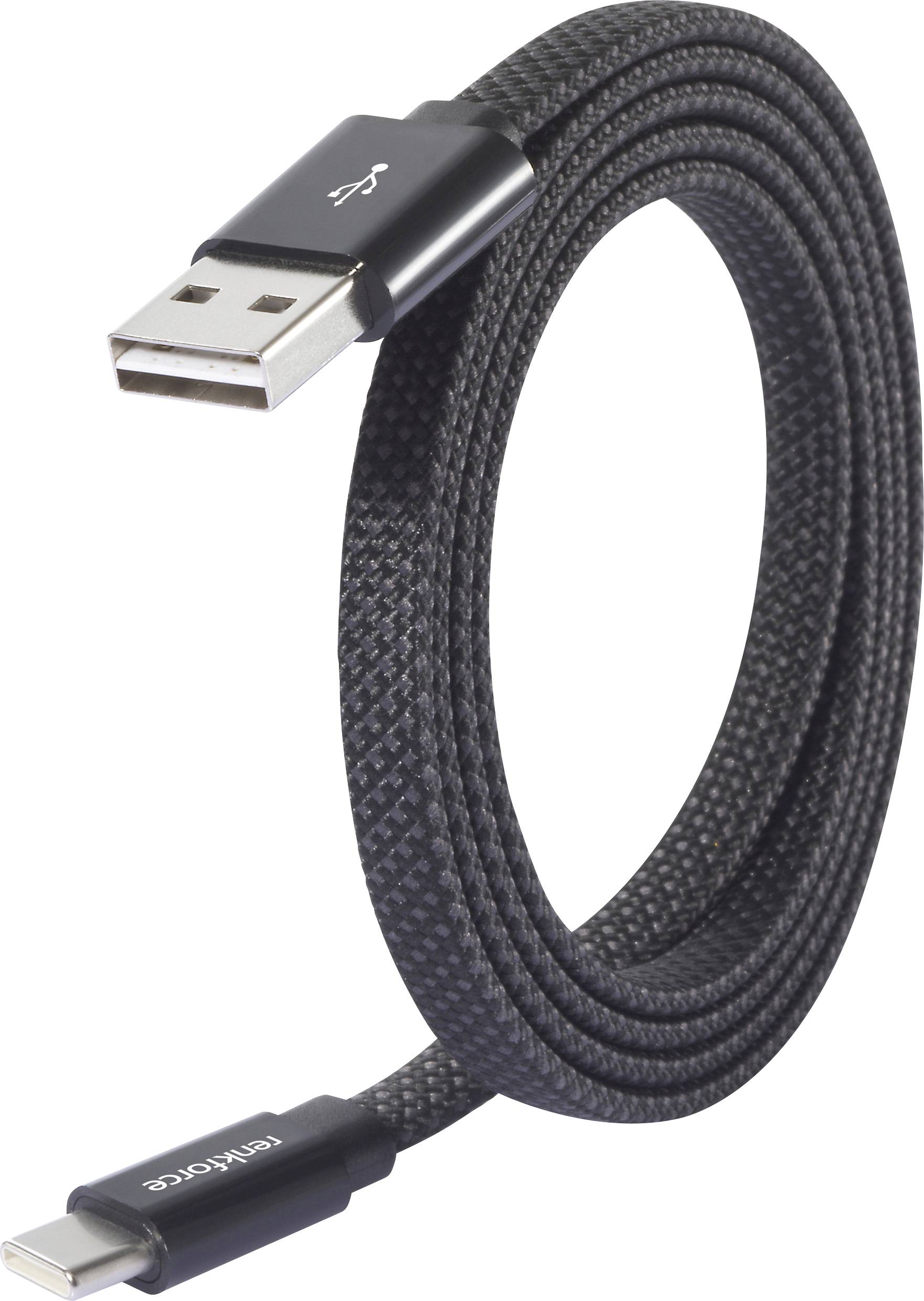 Ein schwarzes USB-C zu USB-A Ladekabel mit geflochtener Textur, geeignet für Datentransfer und das Aufladen elektronischer Geräte.