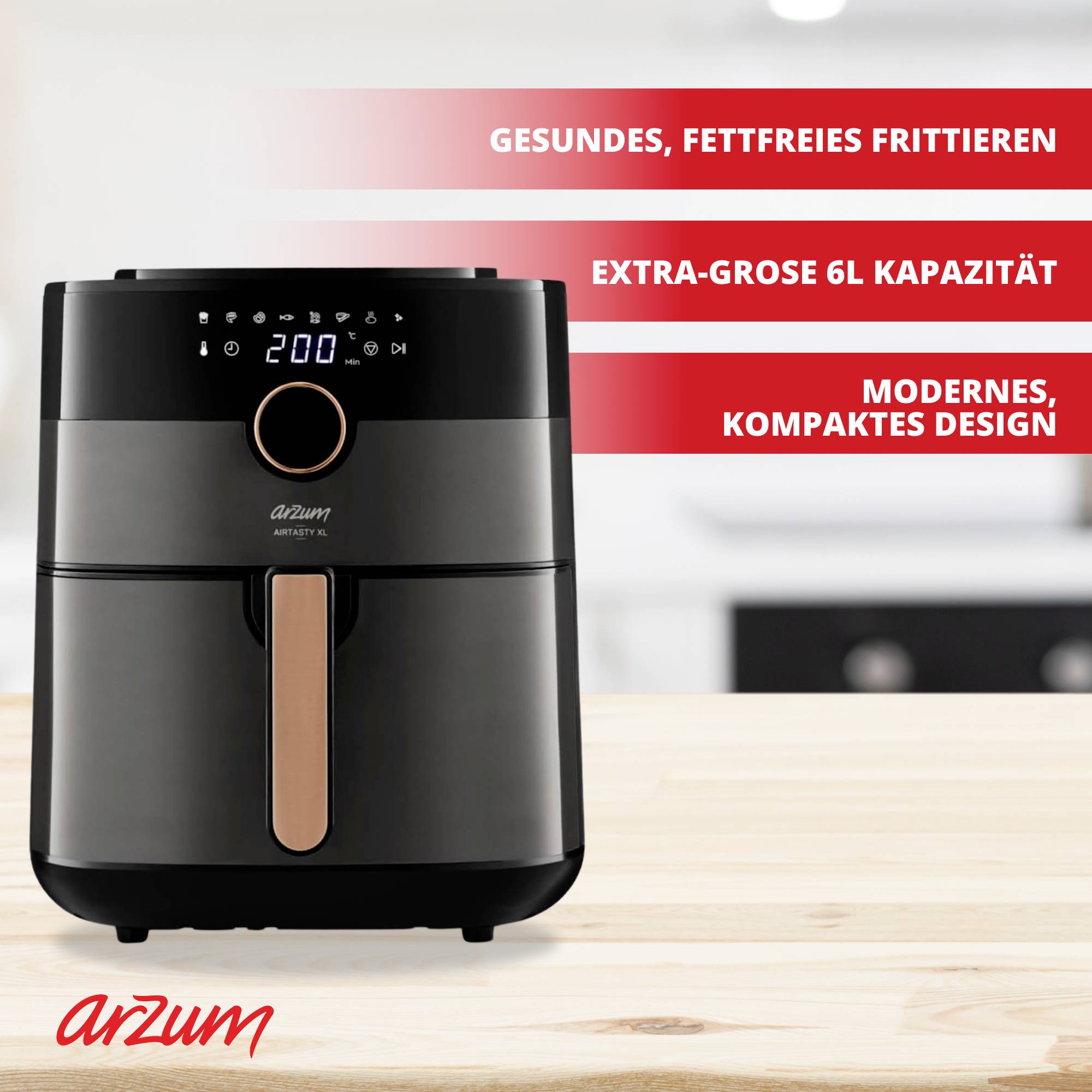Arzum AIRTASTY XL Heißluft-Fritteuse 6l 1750W mit Display, Timerfunktion Schwarz, Bronze