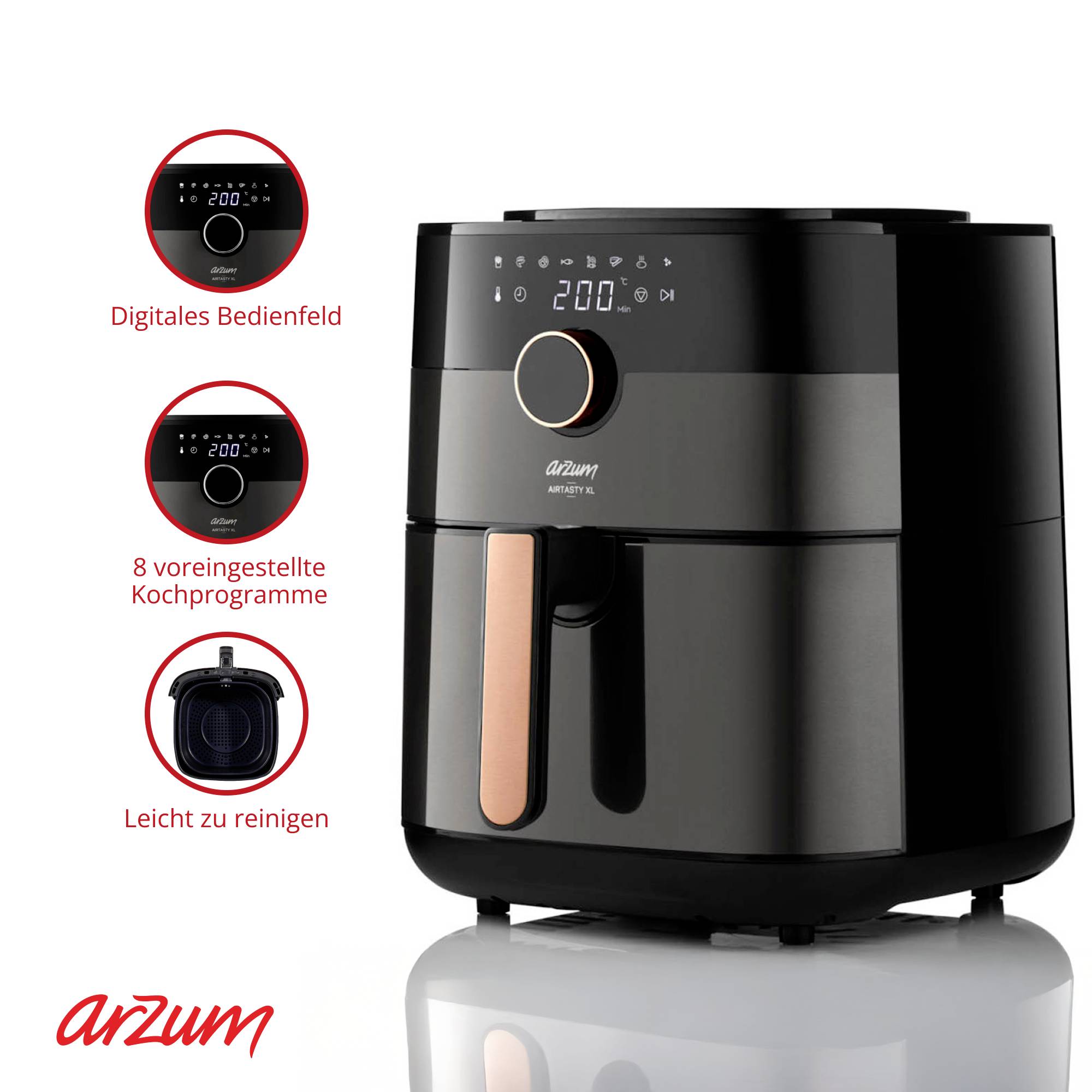 Arzum AIRTASTY XL Heißluft-Fritteuse 6l 1750W mit Display, Timerfunktion Schwarz, Bronze