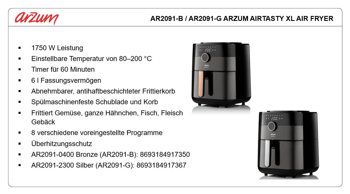 Arzum AIRTASTY XL Heißluft-Fritteuse 6l 1750W mit Display, Timerfunktion Schwarz, Bronze