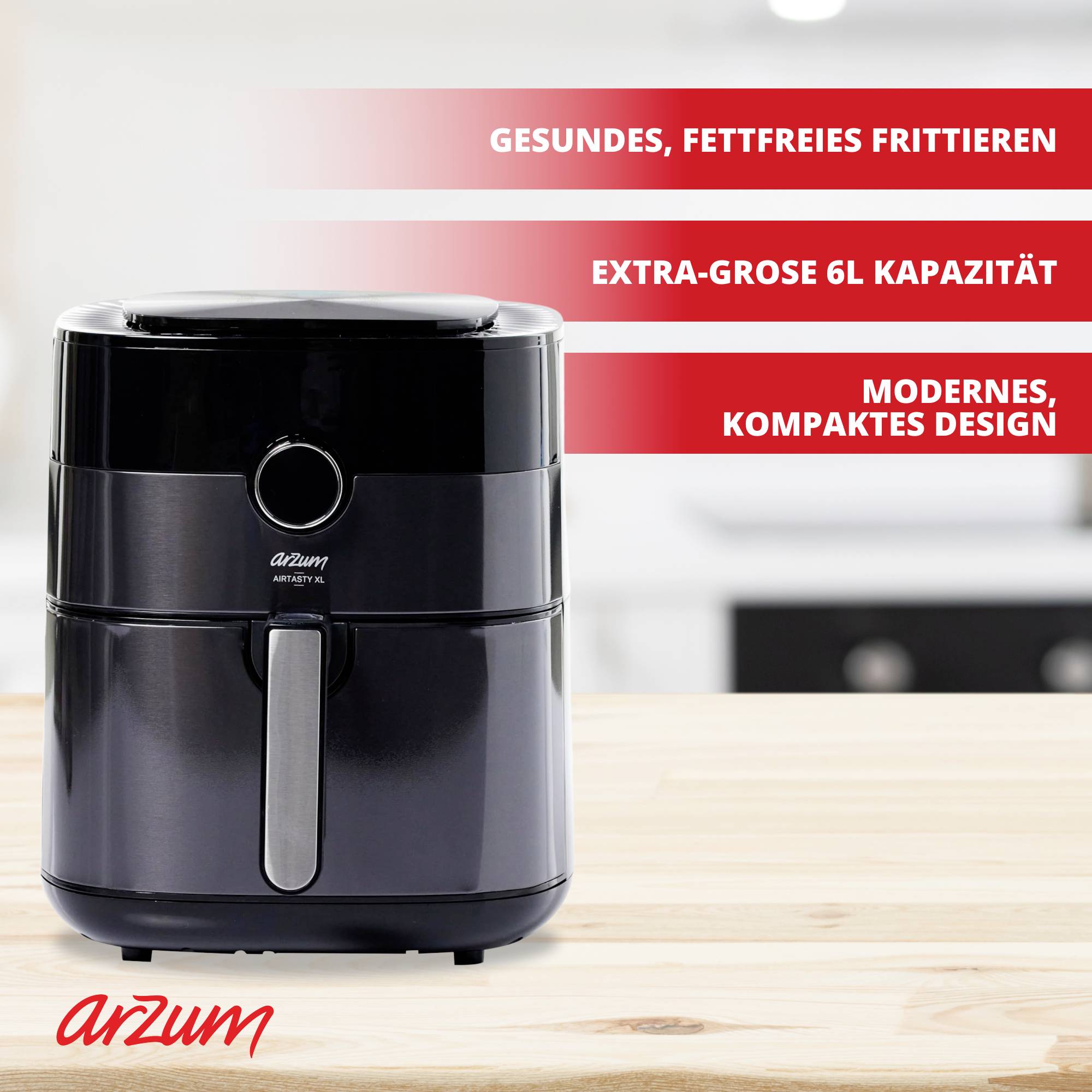 Arzum Heissluftfritteuse Fritteuse 6l 1750W Heißluft-Funktion, mit Display Schwarz-Silber