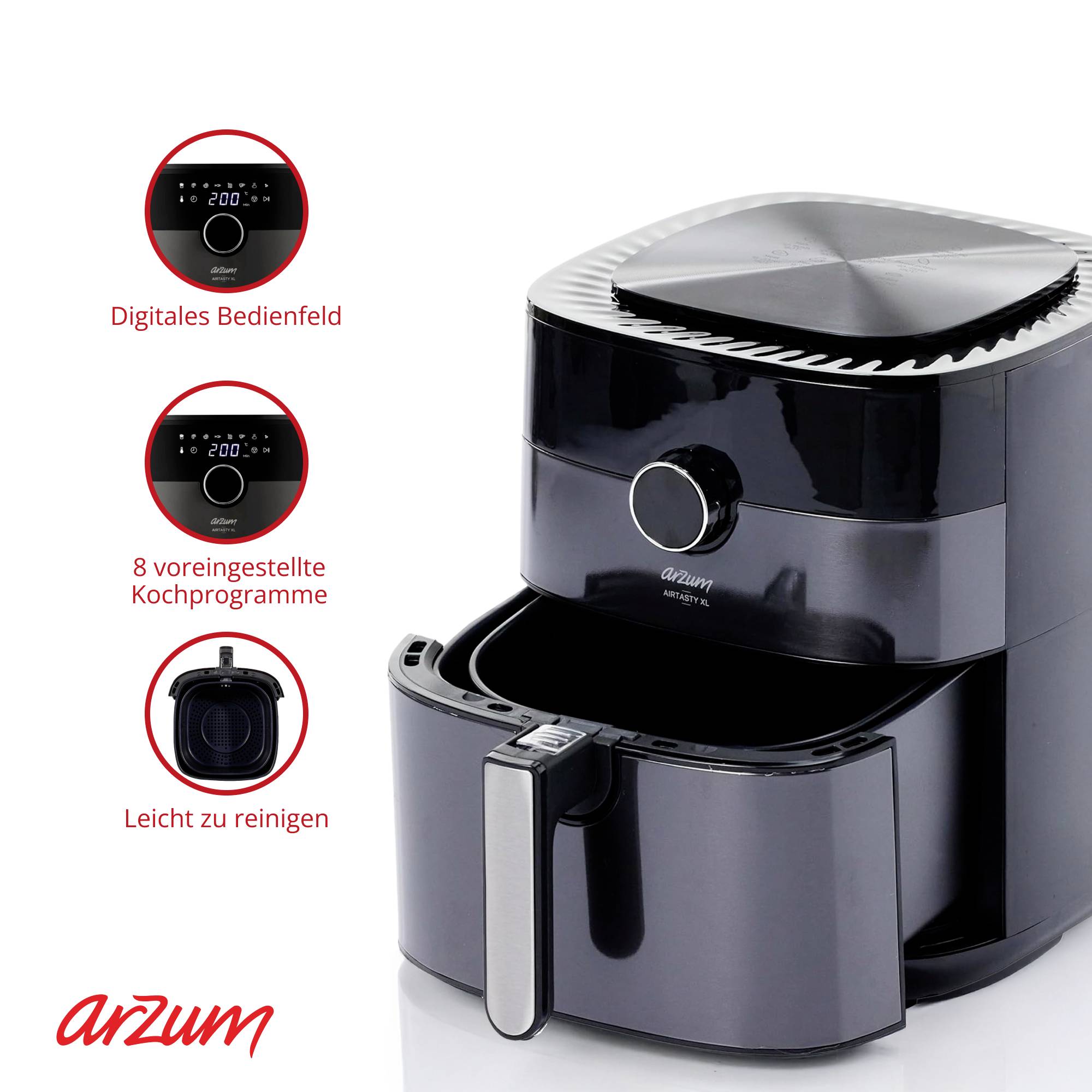 Arzum Heissluftfritteuse Fritteuse 6l 1750W Heißluft-Funktion, mit Display Schwarz-Silber