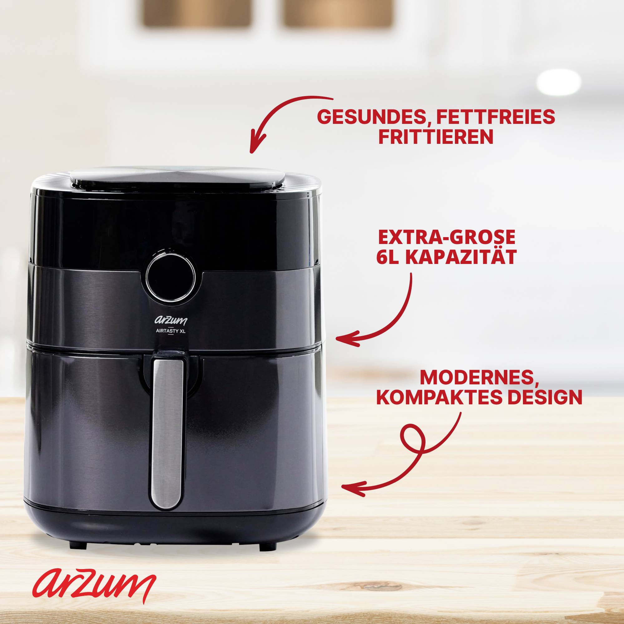 Arzum Heissluftfritteuse Fritteuse 6l 1750W Heißluft-Funktion, mit Display Schwarz-Silber