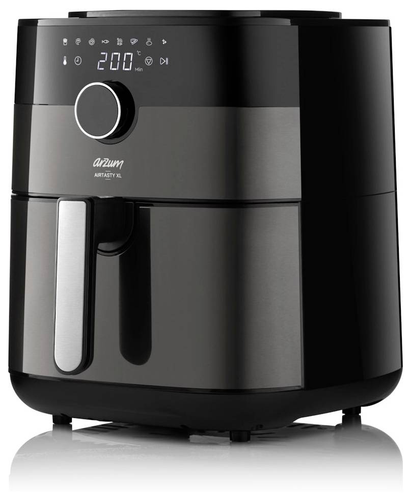 Ein schlanker schwarzer Heißluftfritteuse mit digitaler Anzeige, die '200°C' zeigt, mit Tasten zur Einstellen von Timer und Temperatur. Das Markenlogo ist auf der Vorderseite sichtbar.