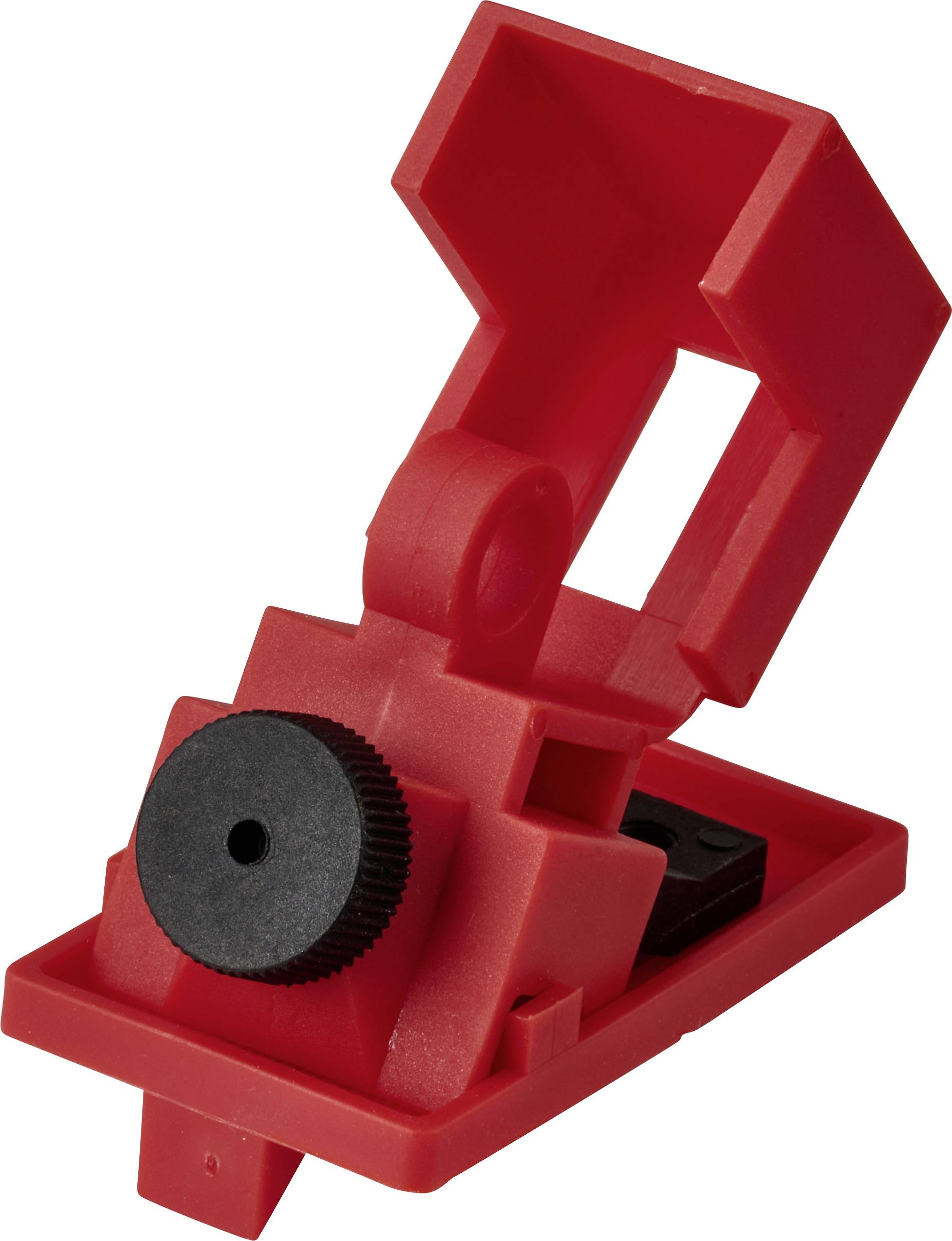 Ein roter Sicherungsverriegelungsschutz mit einem rotierenden schwarzen Drehknopf, der entwickelt wurde, um Schalter in Stromkreisunterbrechern in der Ausgeschaltet-Position zu sichern und zu gewährleisten.