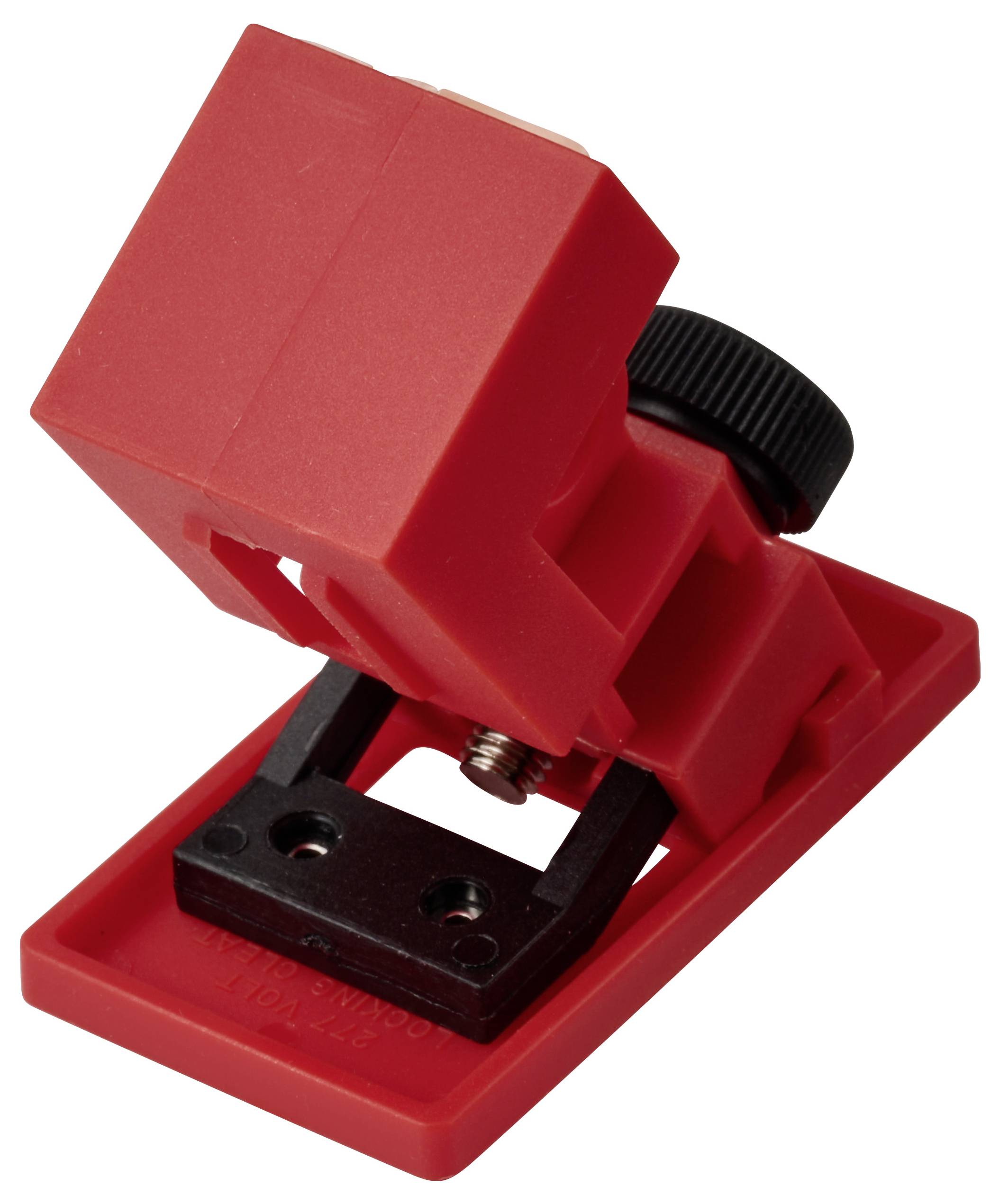 Ein rotes Sperrgerät für Leistungsschalter mit einem verstellbaren Klemmmechanismus und einem schwarzen Schraubknopf.