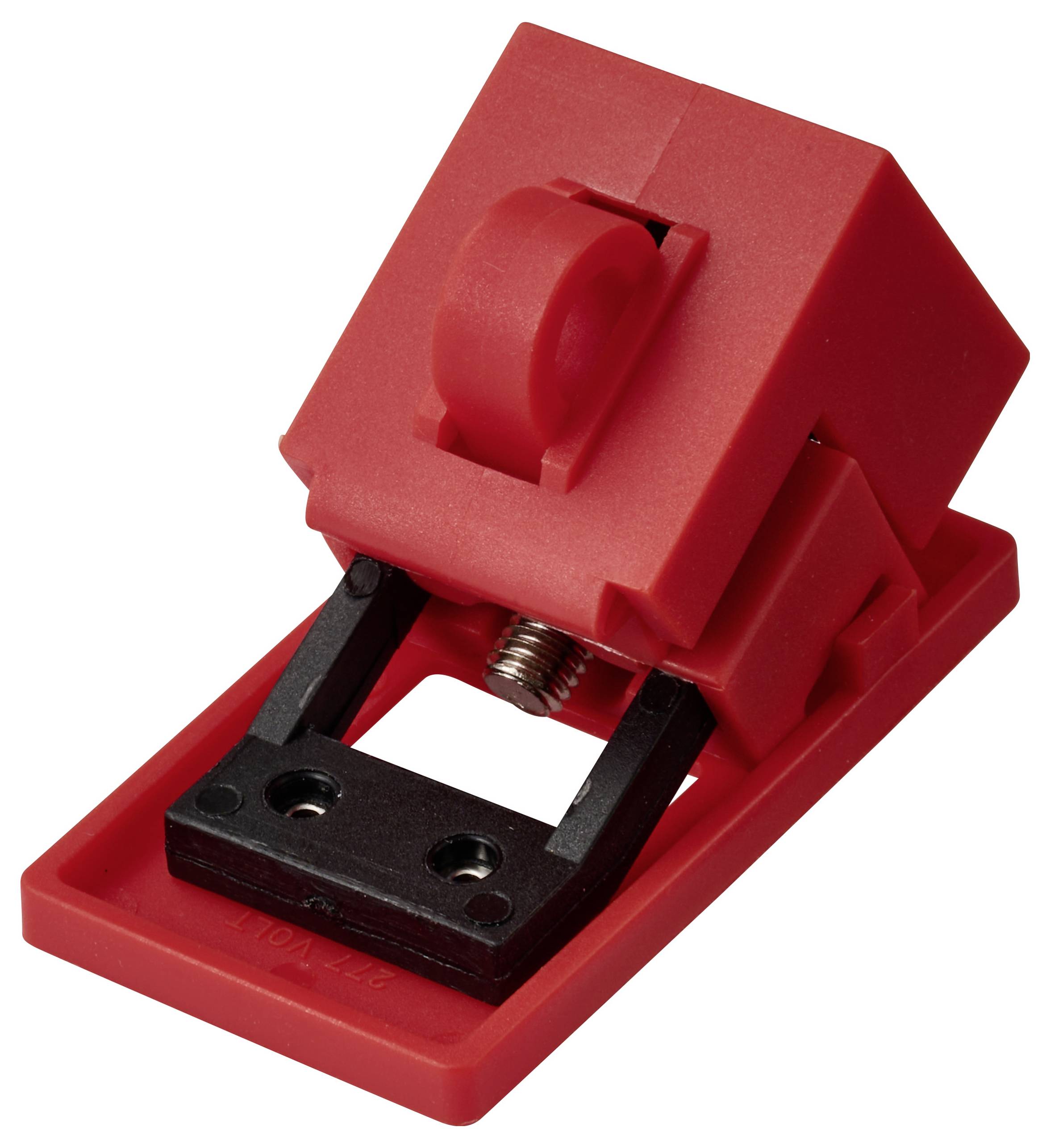 Ein rotes Lockout-Tagout-Gerät, das entwickelt wurde, um die Stromaktivierung zu verhindern, wird in geneigter Position mit sichtbaren Sicherungskomponenten dargestellt.